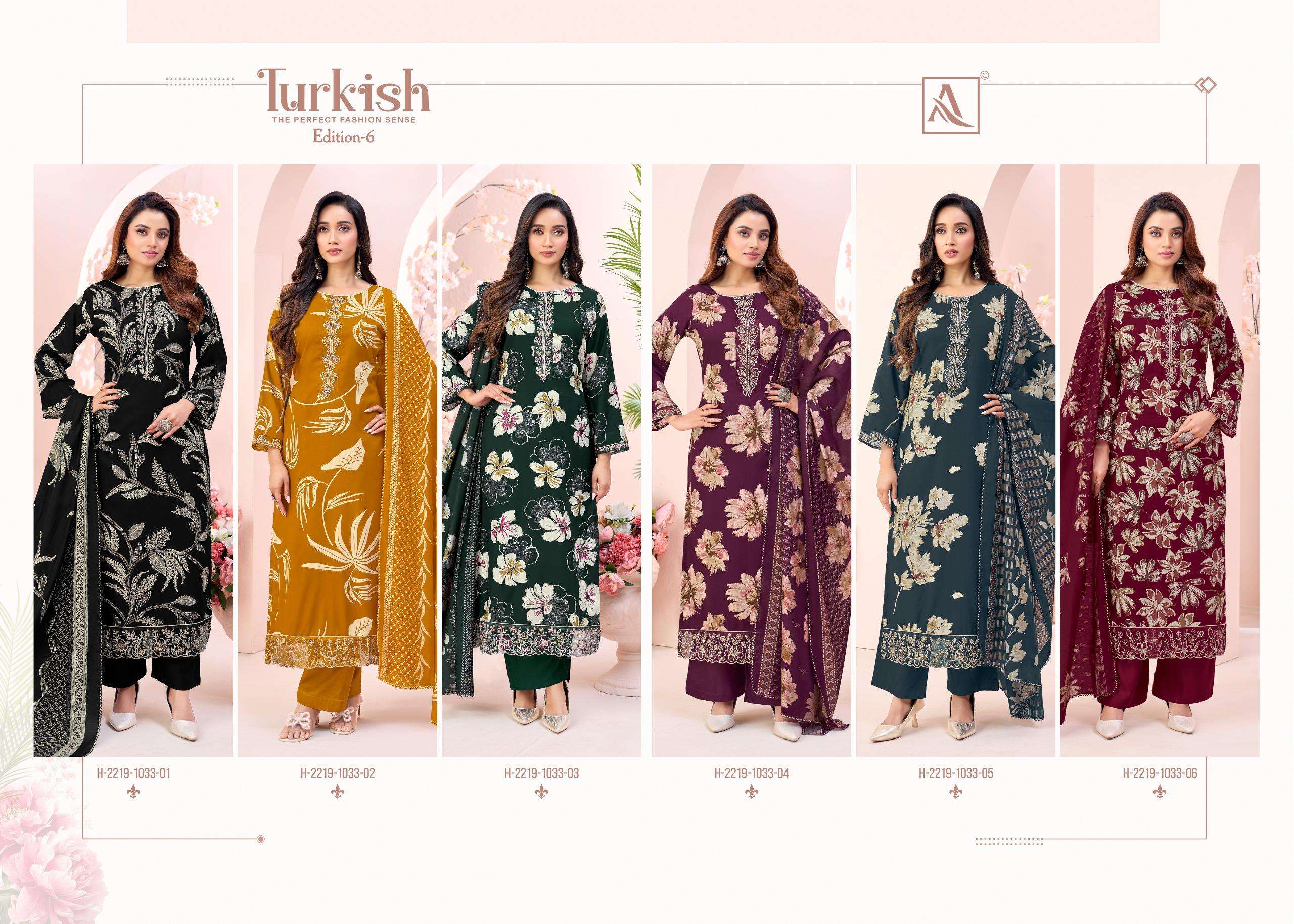 ALOK SUITS TURKISH EDITION 6 VISCOSE RAYON PRINT WITH FANCY WORK SUIT