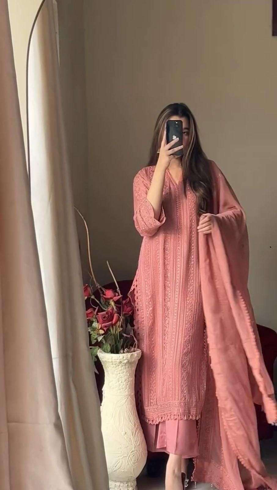 BE 322 COTTON EMBROIDERED WORK KURTI PLAZO WITH DUPATTA SET 