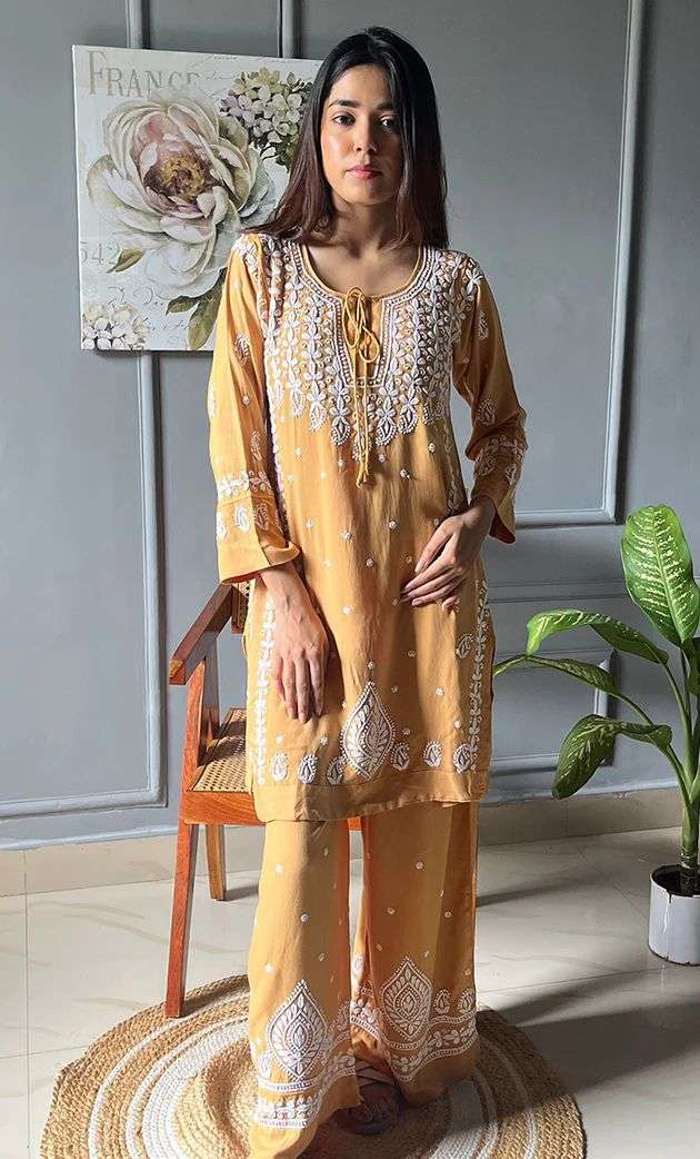 BE 396 RAYON FANCY LUCKNOWI WORKS STYLE LADIES KURTI WITH PLAZZO PAIR 