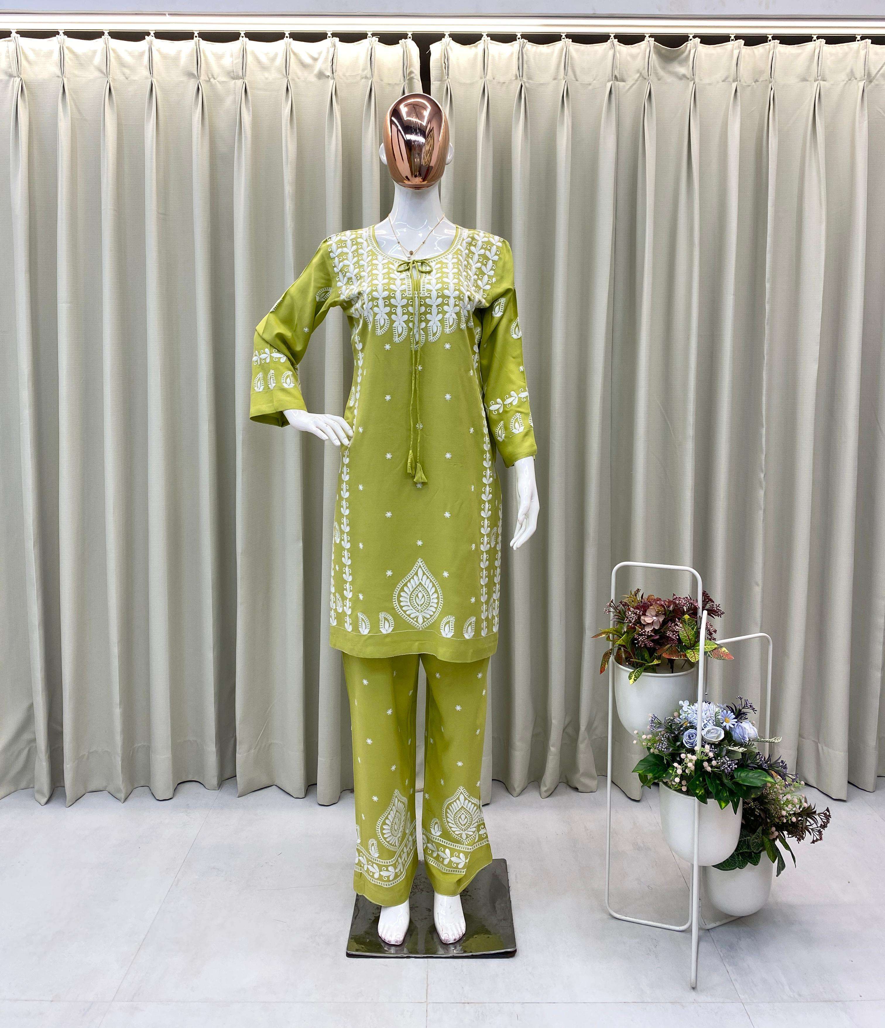 BE 396 RAYON FANCY LUCKNOWI WORKS STYLE LADIES KURTI WITH PLAZZO PAIR 