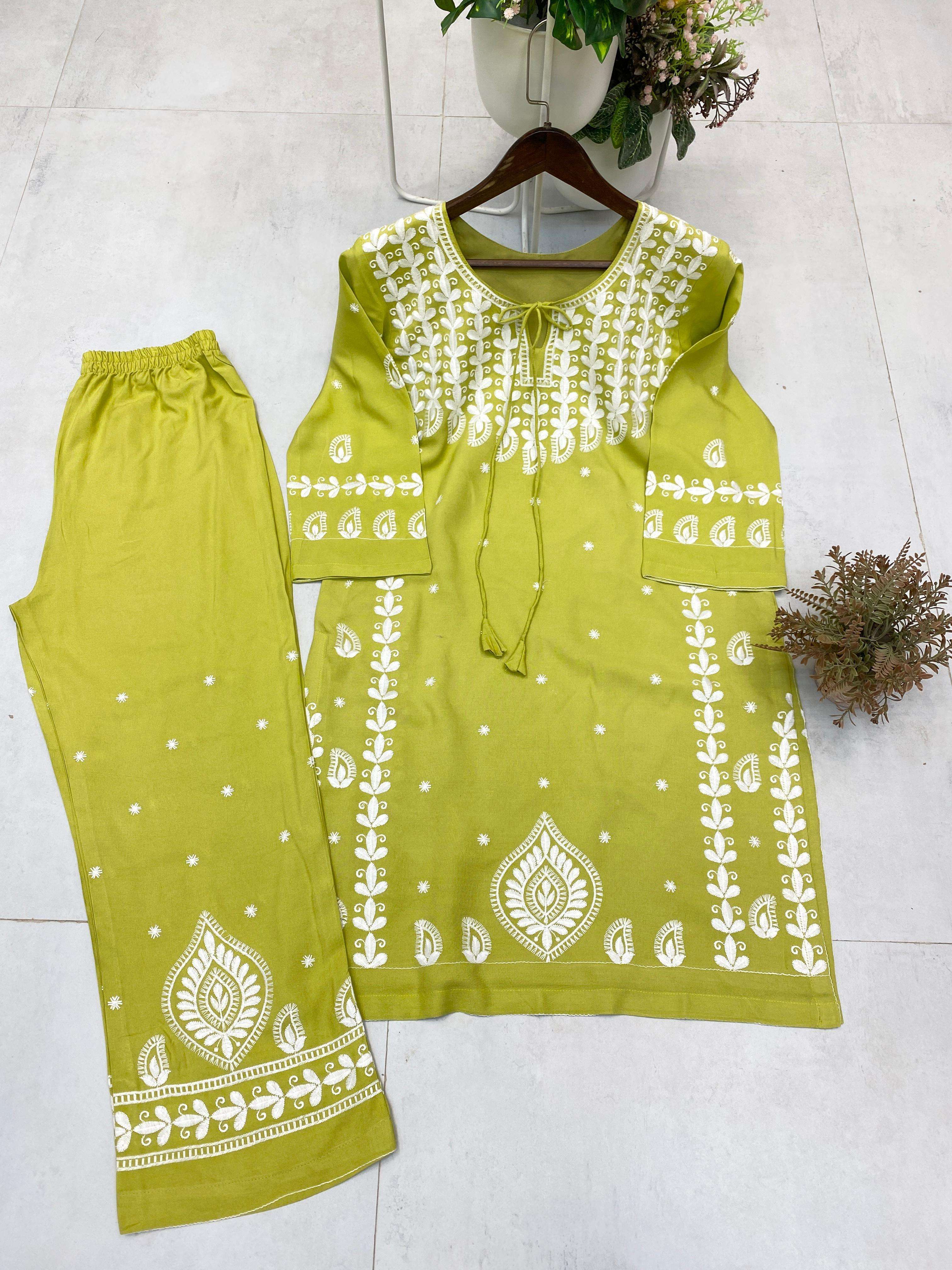 BE 396 RAYON FANCY LUCKNOWI WORKS STYLE LADIES KURTI WITH PLAZZO PAIR 