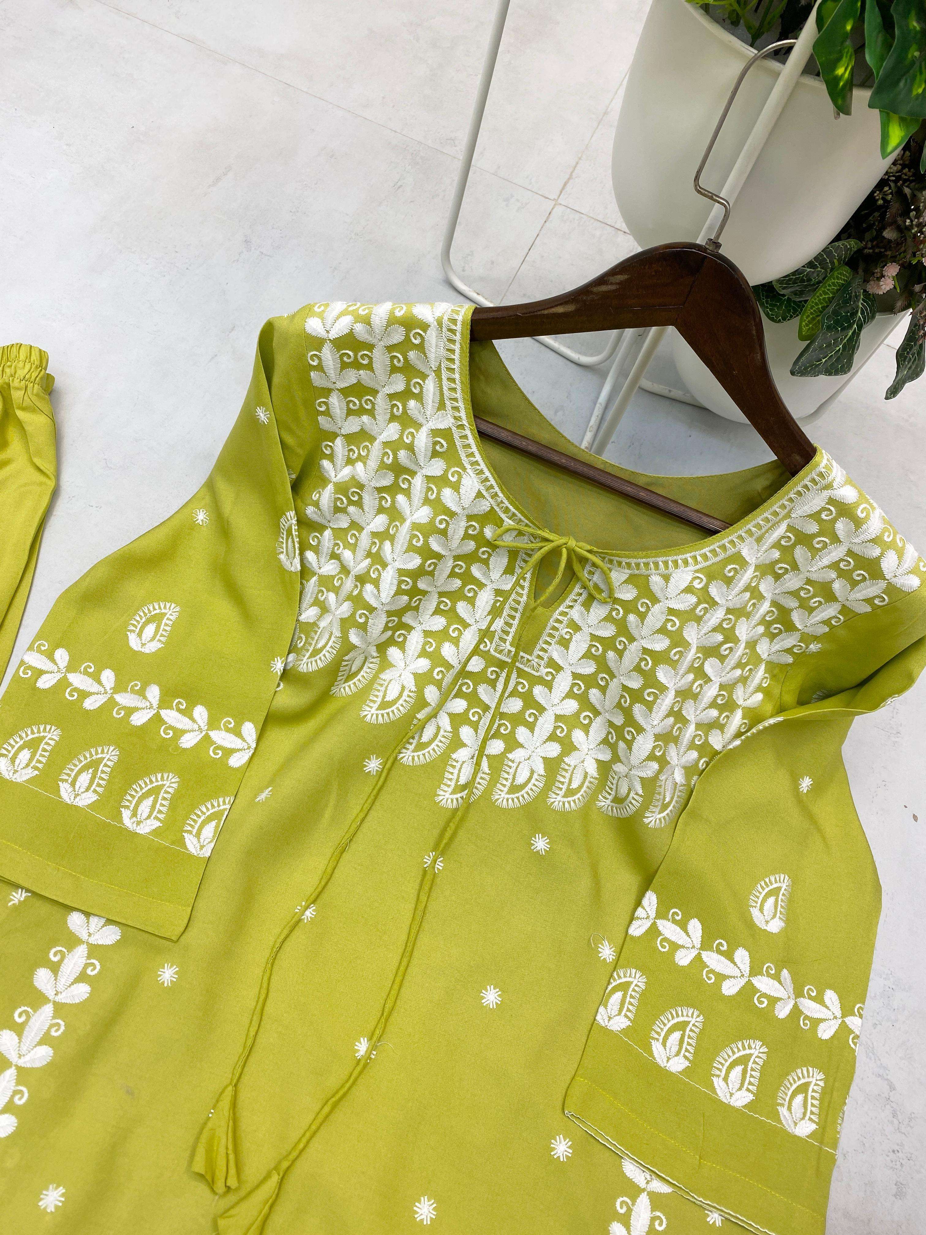 BE 396 RAYON FANCY LUCKNOWI WORKS STYLE LADIES KURTI WITH PLAZZO PAIR 