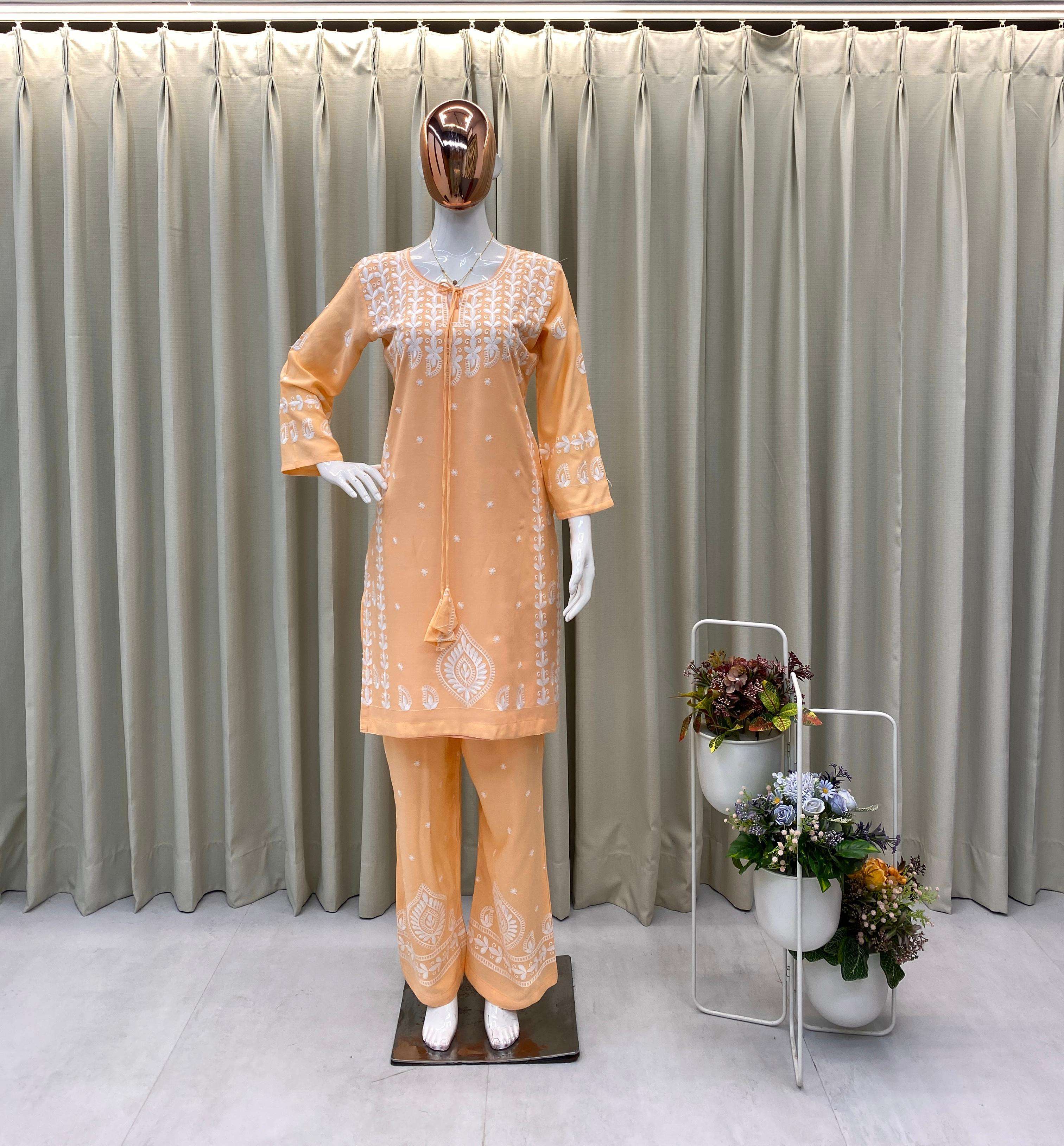 BE 396 RAYON FANCY LUCKNOWI WORKS STYLE LADIES KURTI WITH PLAZZO PAIR 