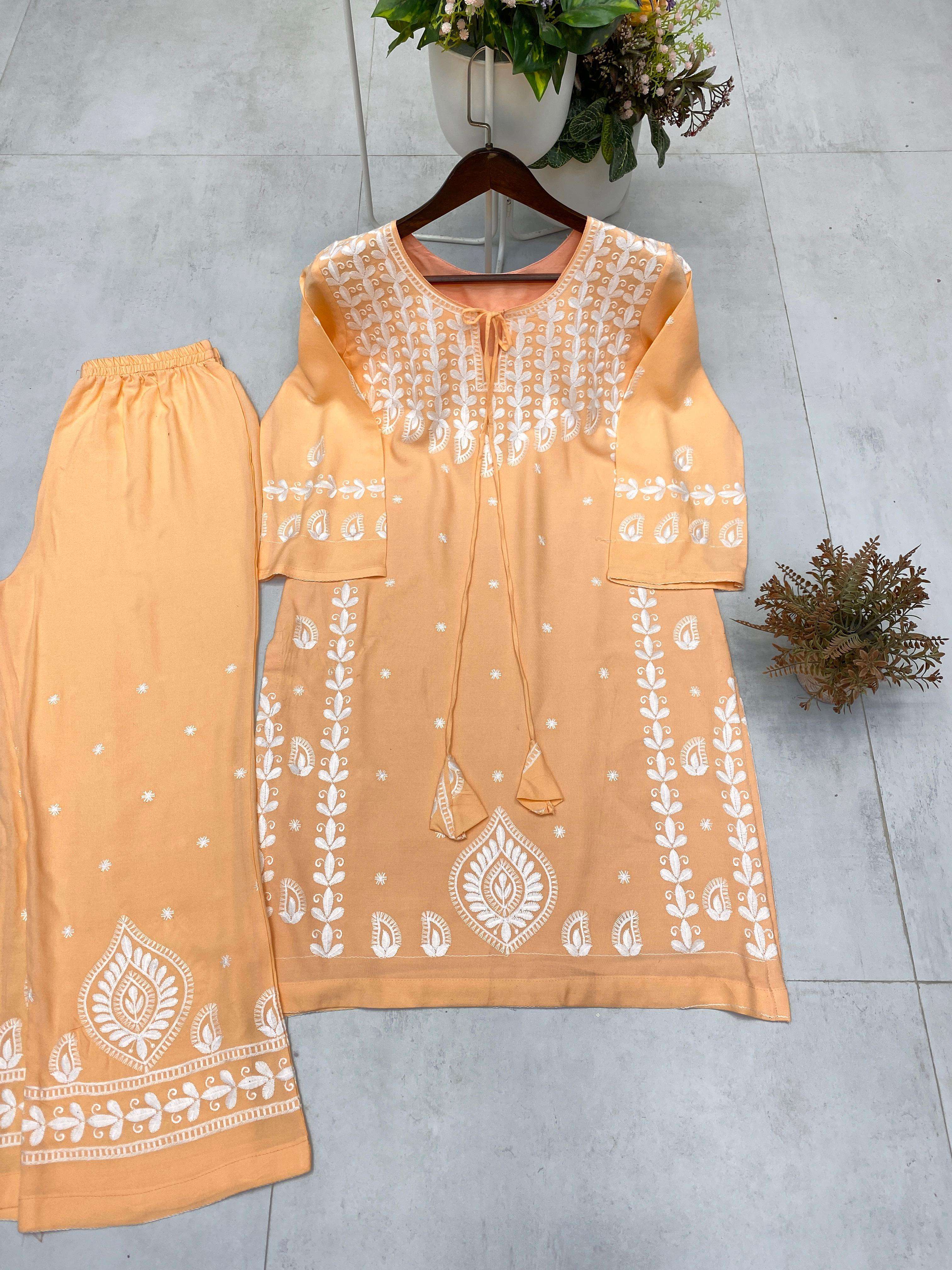 BE 396 RAYON FANCY LUCKNOWI WORKS STYLE LADIES KURTI WITH PLAZZO PAIR 