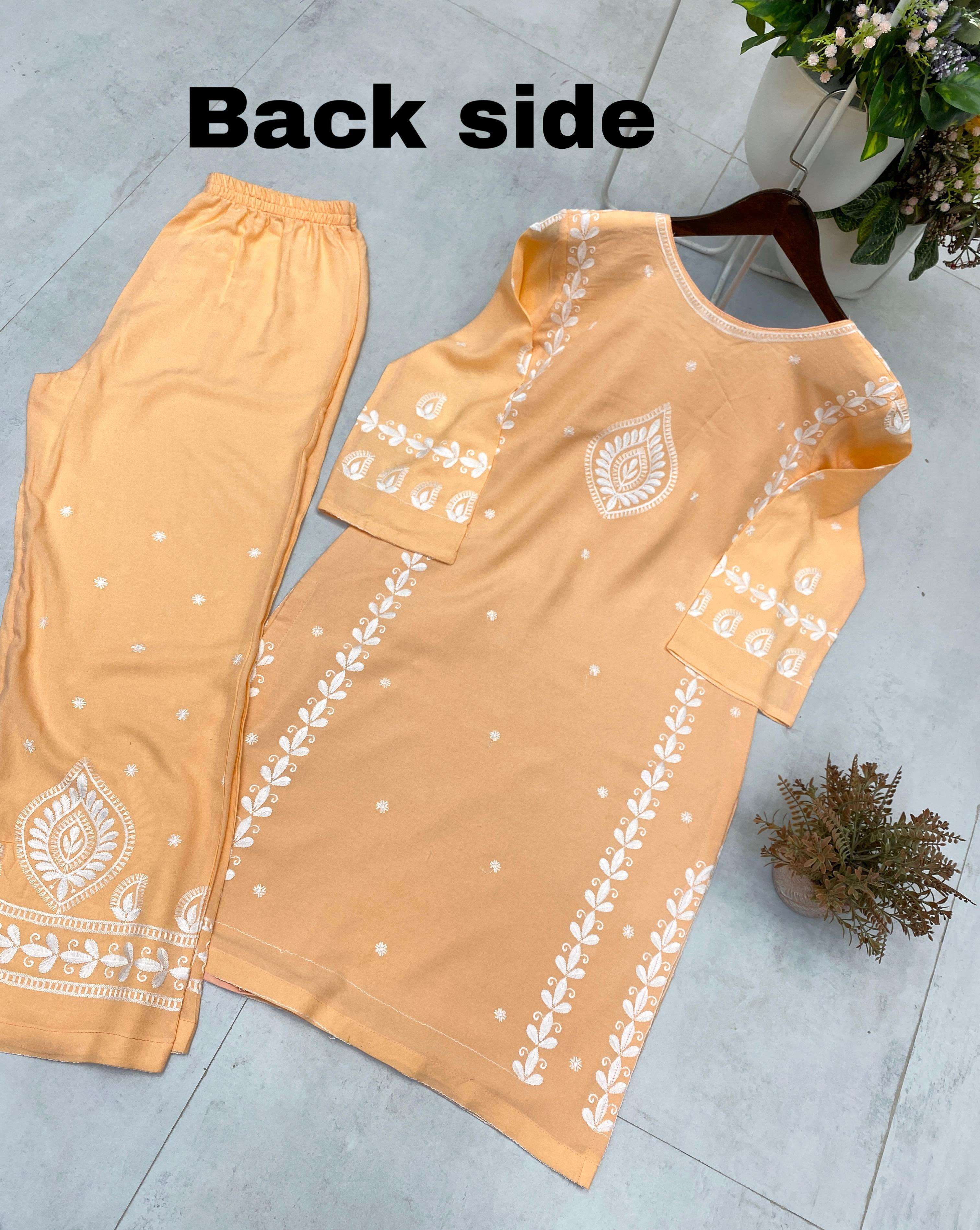 BE 396 RAYON FANCY LUCKNOWI WORKS STYLE LADIES KURTI WITH PLAZZO PAIR 