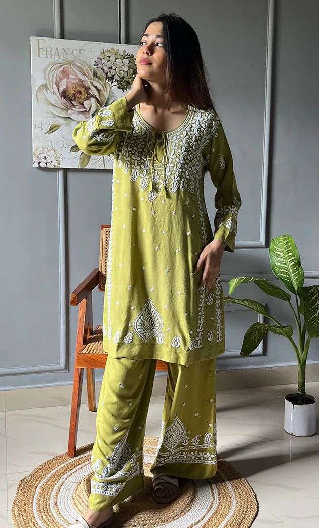 BE 396 RAYON FANCY LUCKNOWI WORKS STYLE LADIES KURTI WITH PLAZZO PAIR 