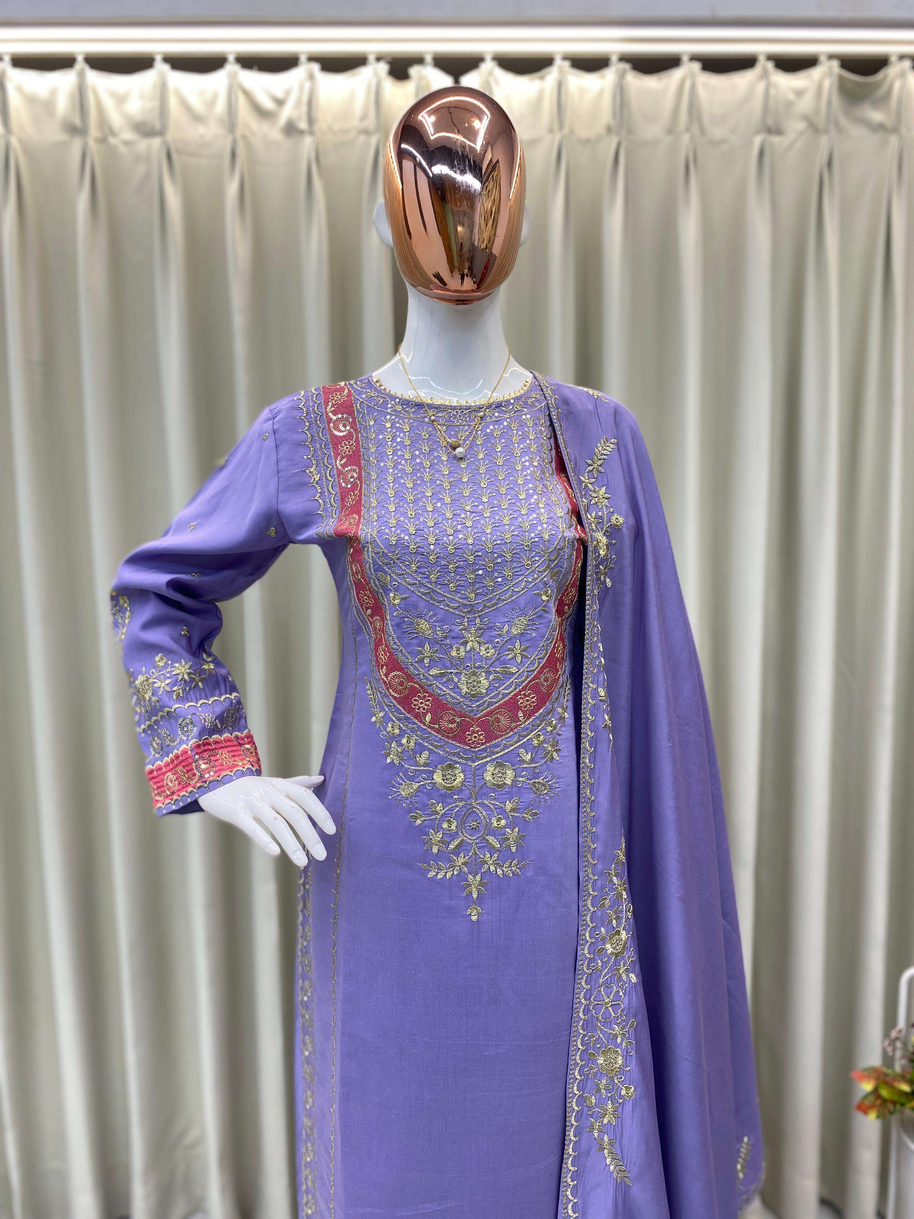BE 401 SILK EMBROIDERED BOAT NECK TOP PLAZZO AND DUPATTA SET 