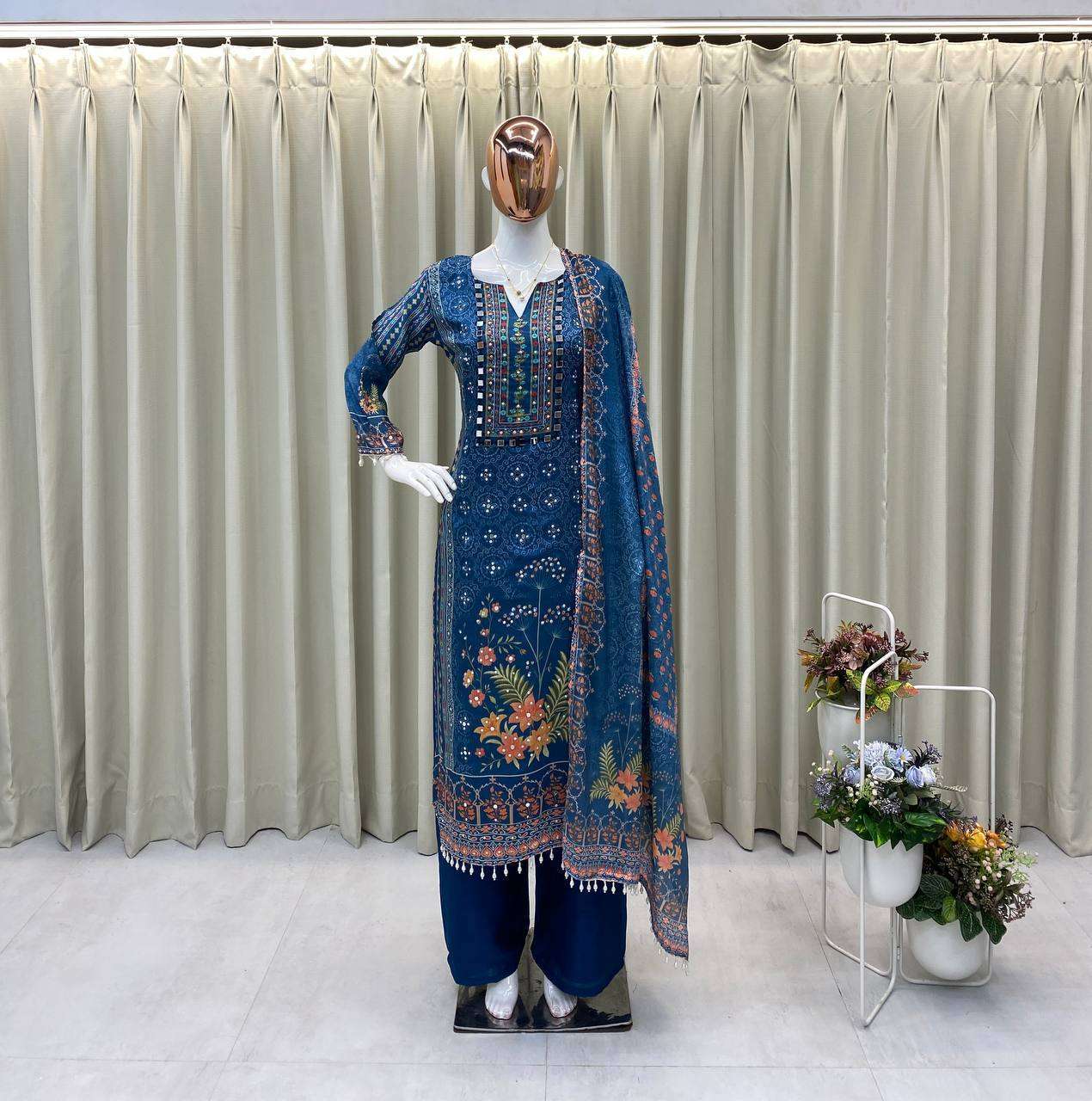 BE 404 SILK DIGITAL PRINTED WITH DESIGNER WORK READY MADE LADIES SUITS 