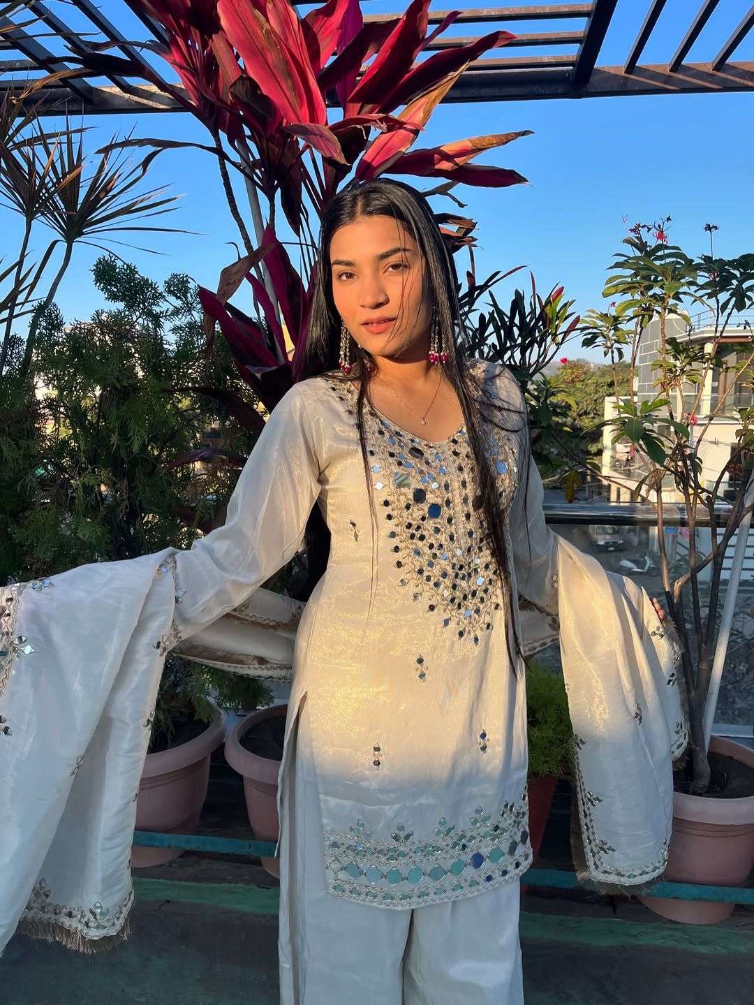 BE 452 GEORGETTE DESIGNER WEAR REAL MIRROR WITH EMBROIDERED TOP PLAZZO AND DUPATTA 