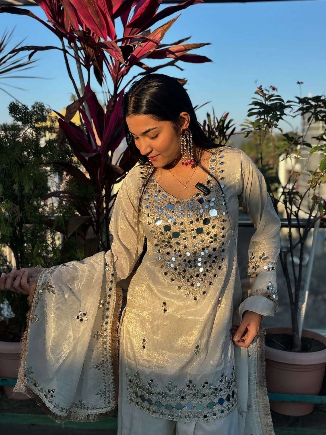 BE 452 GEORGETTE DESIGNER WEAR REAL MIRROR WITH EMBROIDERED TOP PLAZZO AND DUPATTA 