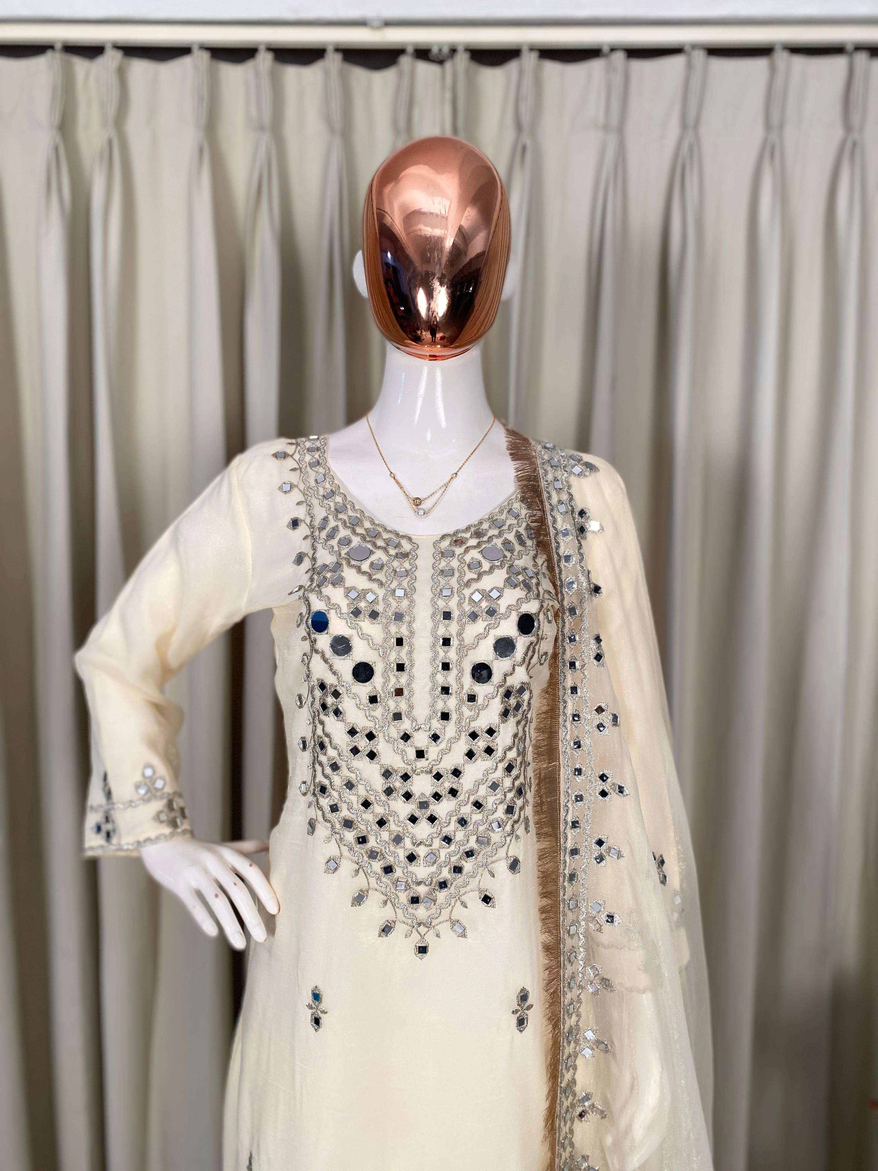 BE 452 GEORGETTE DESIGNER WEAR REAL MIRROR WITH EMBROIDERED TOP PLAZZO AND DUPATTA 