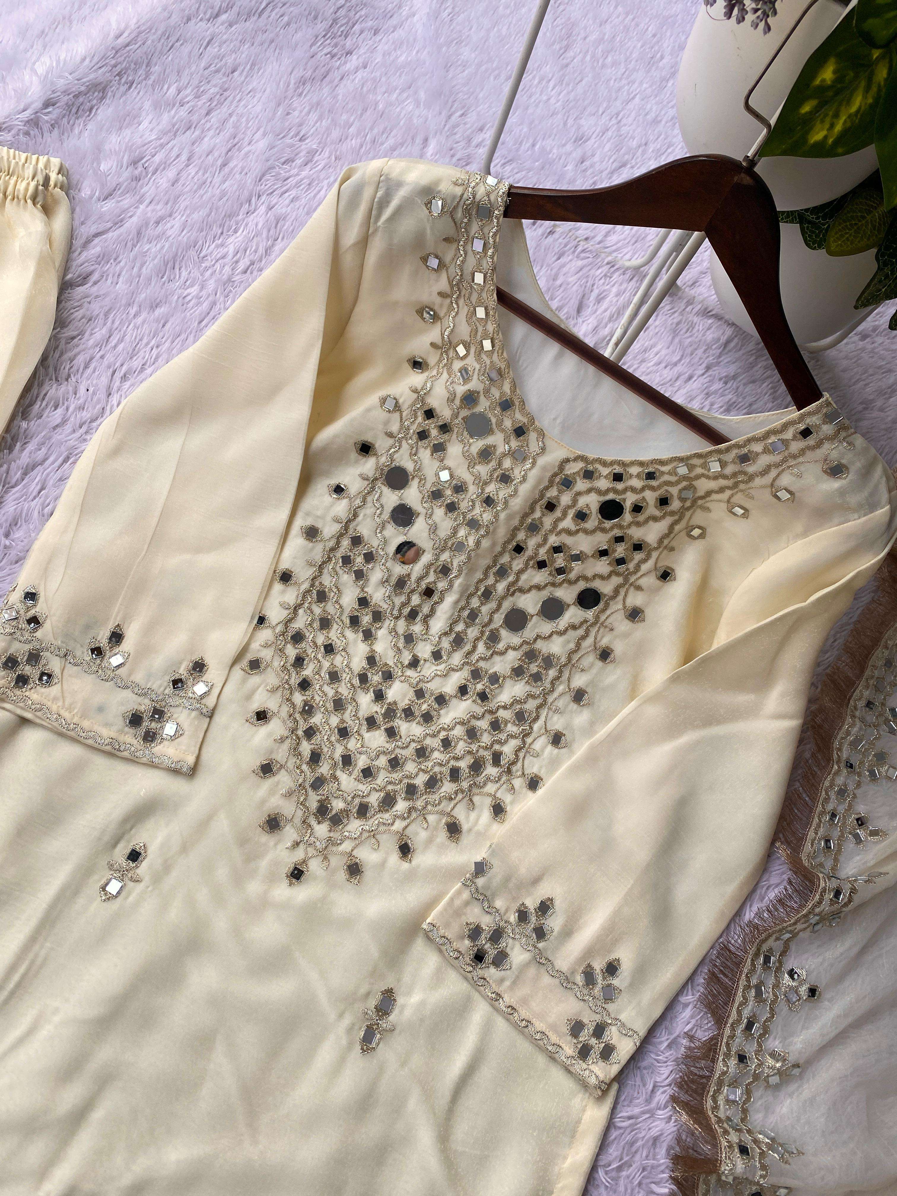 BE 452 GEORGETTE DESIGNER WEAR REAL MIRROR WITH EMBROIDERED TOP PLAZZO AND DUPATTA 