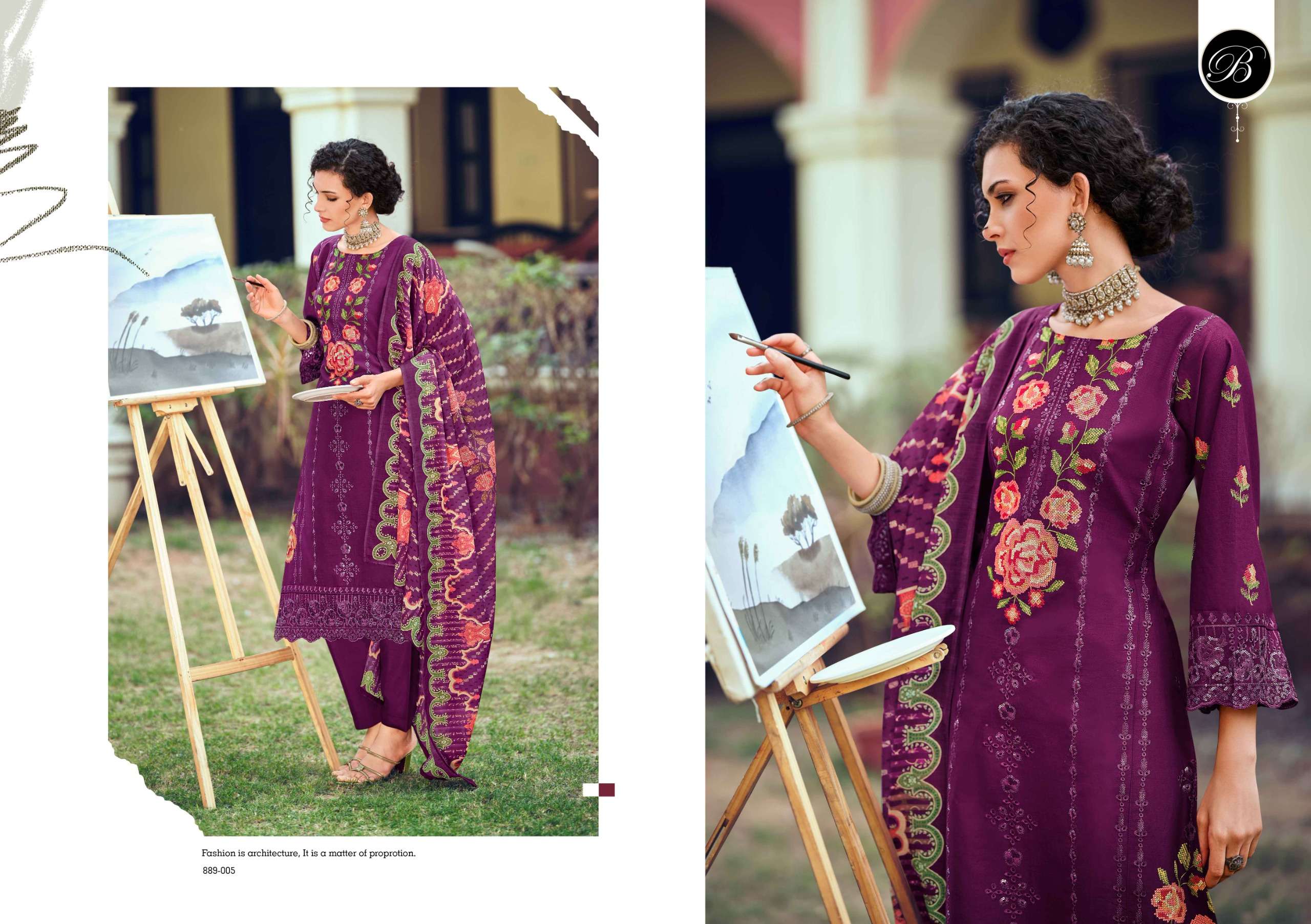BELLIZA DESIGNER STUDIO OMBRE ZOYA LAWN COTTON EMBROIDERY WORK SUITS SUIT
