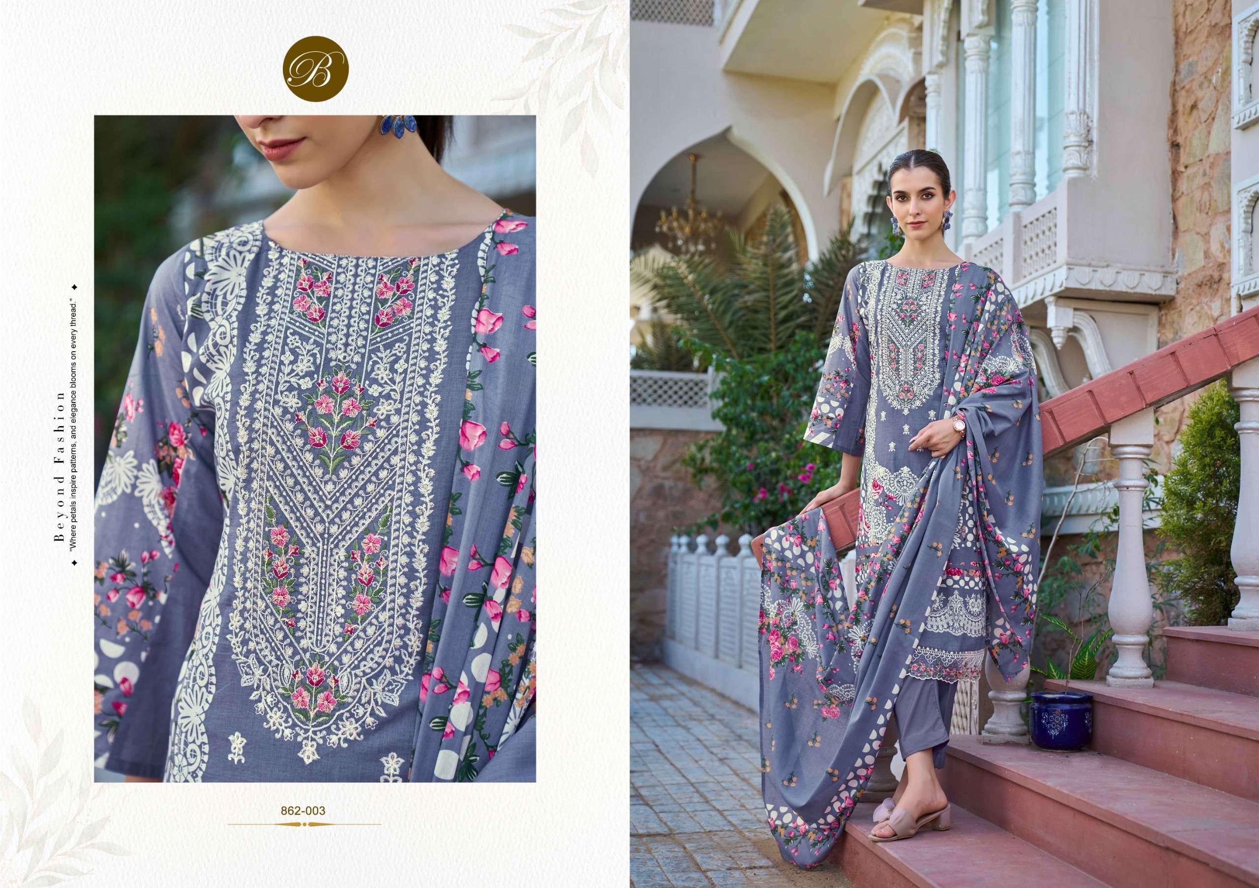 BELLIZA DESIGNER STUDIO SAFIYA COTTON DIGITAL PRINTS WITH FANCY EMBROIDERY WORK SUIT