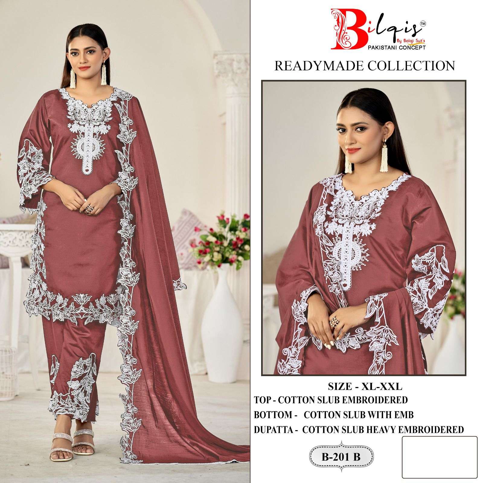  BILQIS B 201 COTTON HEAVY EMBROIDERED DESIGNER READY MADE PAKISTANI SUIT
