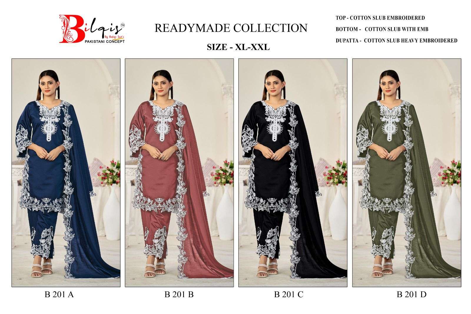  BILQIS B 201 COTTON HEAVY EMBROIDERED DESIGNER READY MADE PAKISTANI SUIT