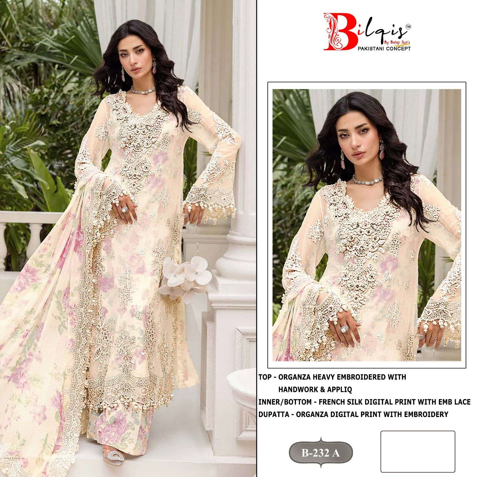 BILQIS B 232 ORGANZA HEAVY BEAUTIFUL EMBROIDERED PAKISTANI SUIT
