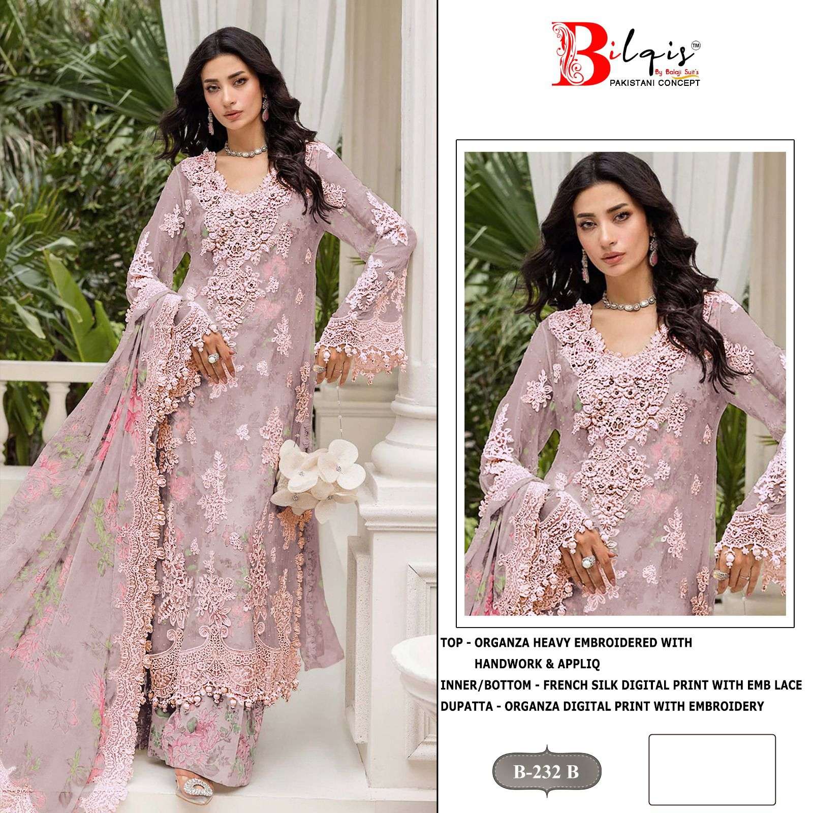 BILQIS B 232 ORGANZA HEAVY BEAUTIFUL EMBROIDERED PAKISTANI SUIT