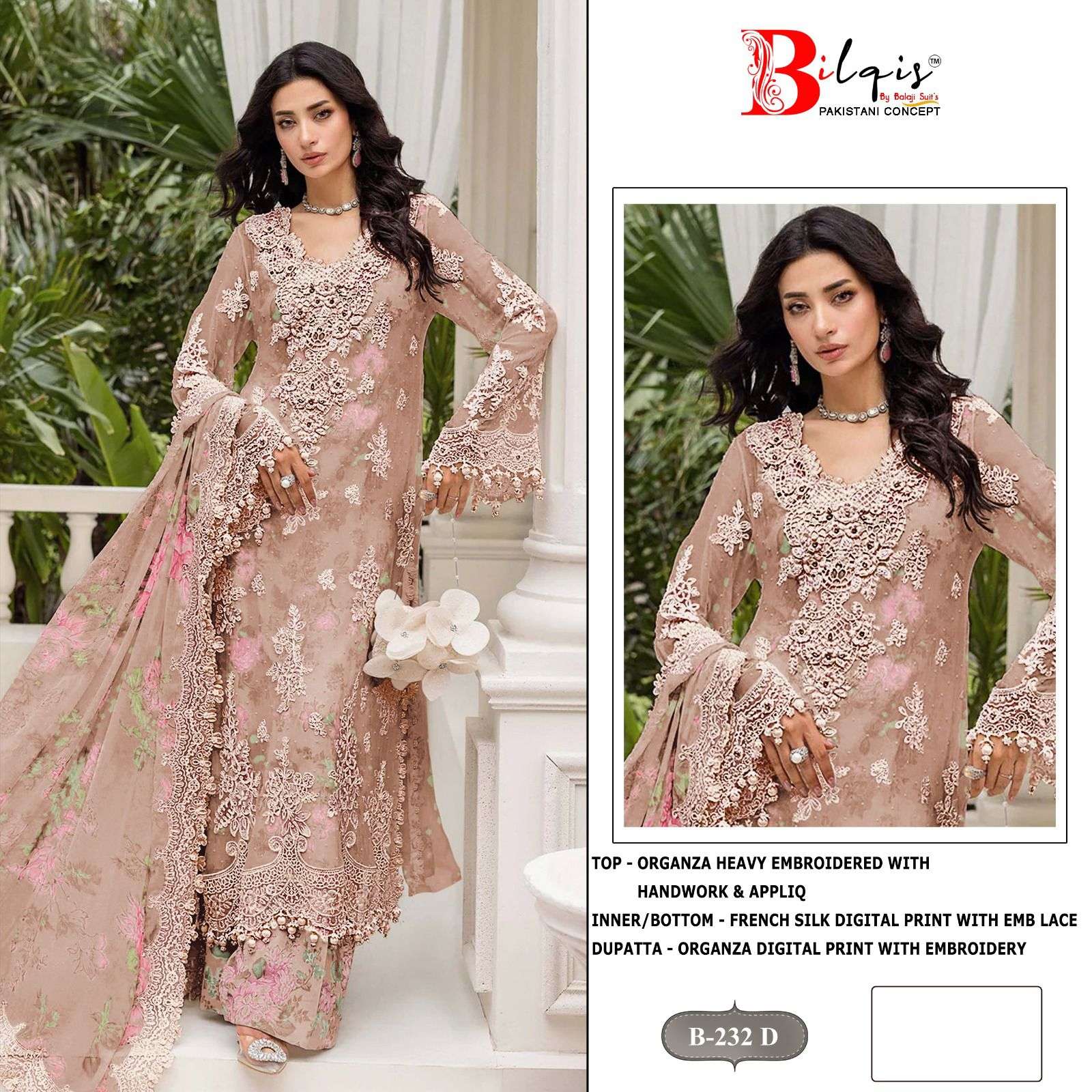 BILQIS B 232 ORGANZA HEAVY BEAUTIFUL EMBROIDERED PAKISTANI SUIT