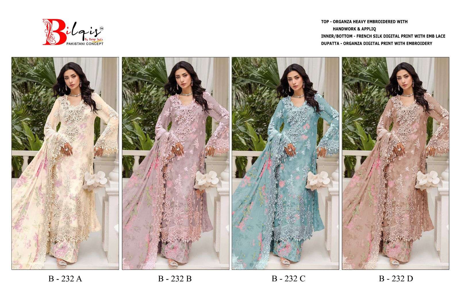 BILQIS B 232 ORGANZA HEAVY BEAUTIFUL EMBROIDERED PAKISTANI SUIT