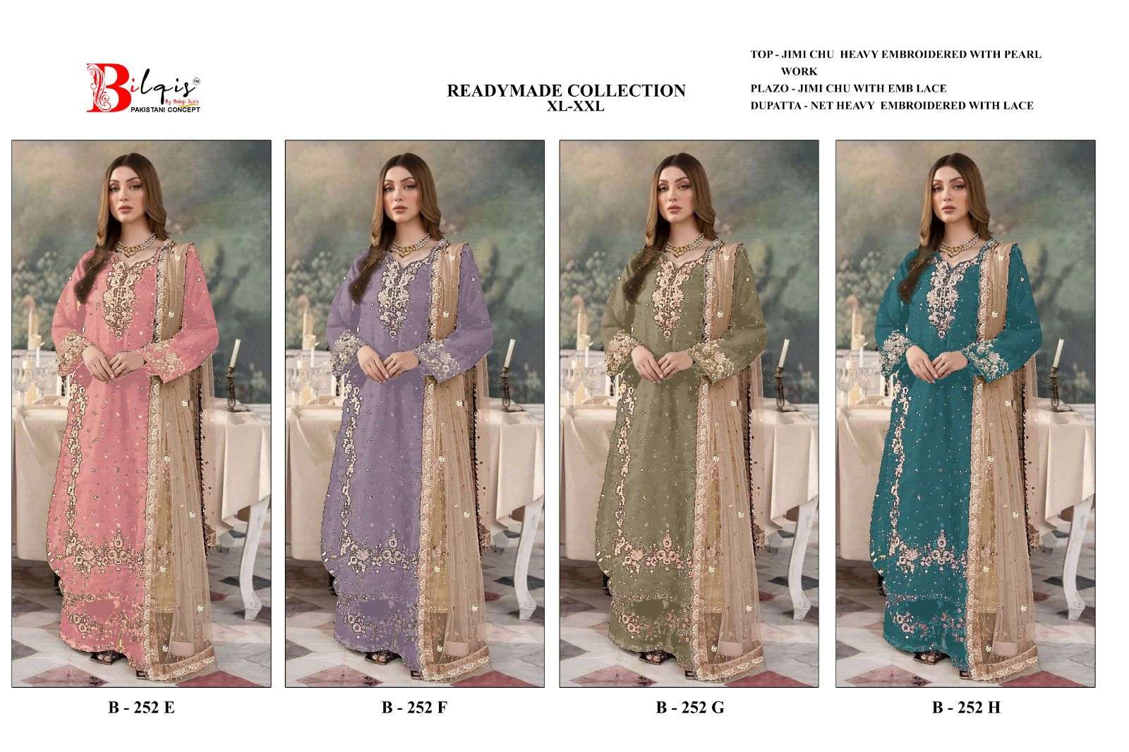 BILQIS B 252  A TO D JIMI CHU SILK HEAVY EMBROIDERD DESIGNER READY MADE PAKISTANI SUIT