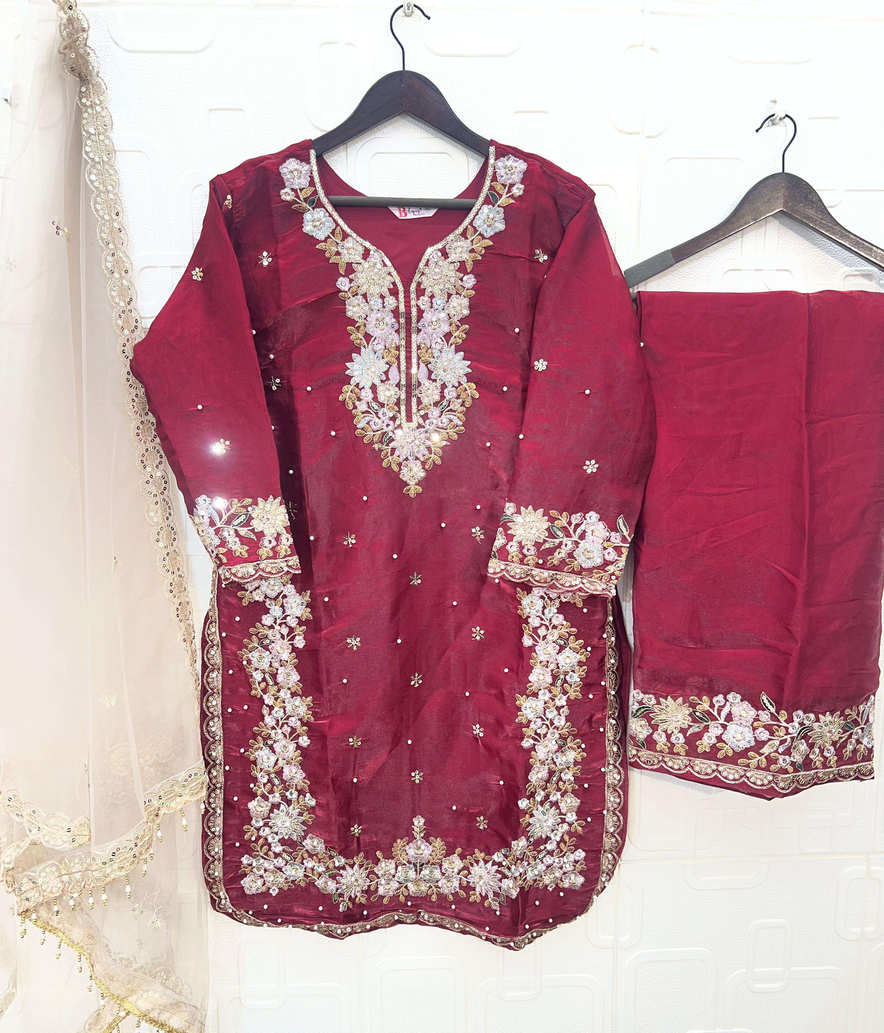 BILQIS B 252  E TO H JIMI CHU SILK HEAVY EMBROIDERD DESIGNER READY MADE PAKISTANI SUIT