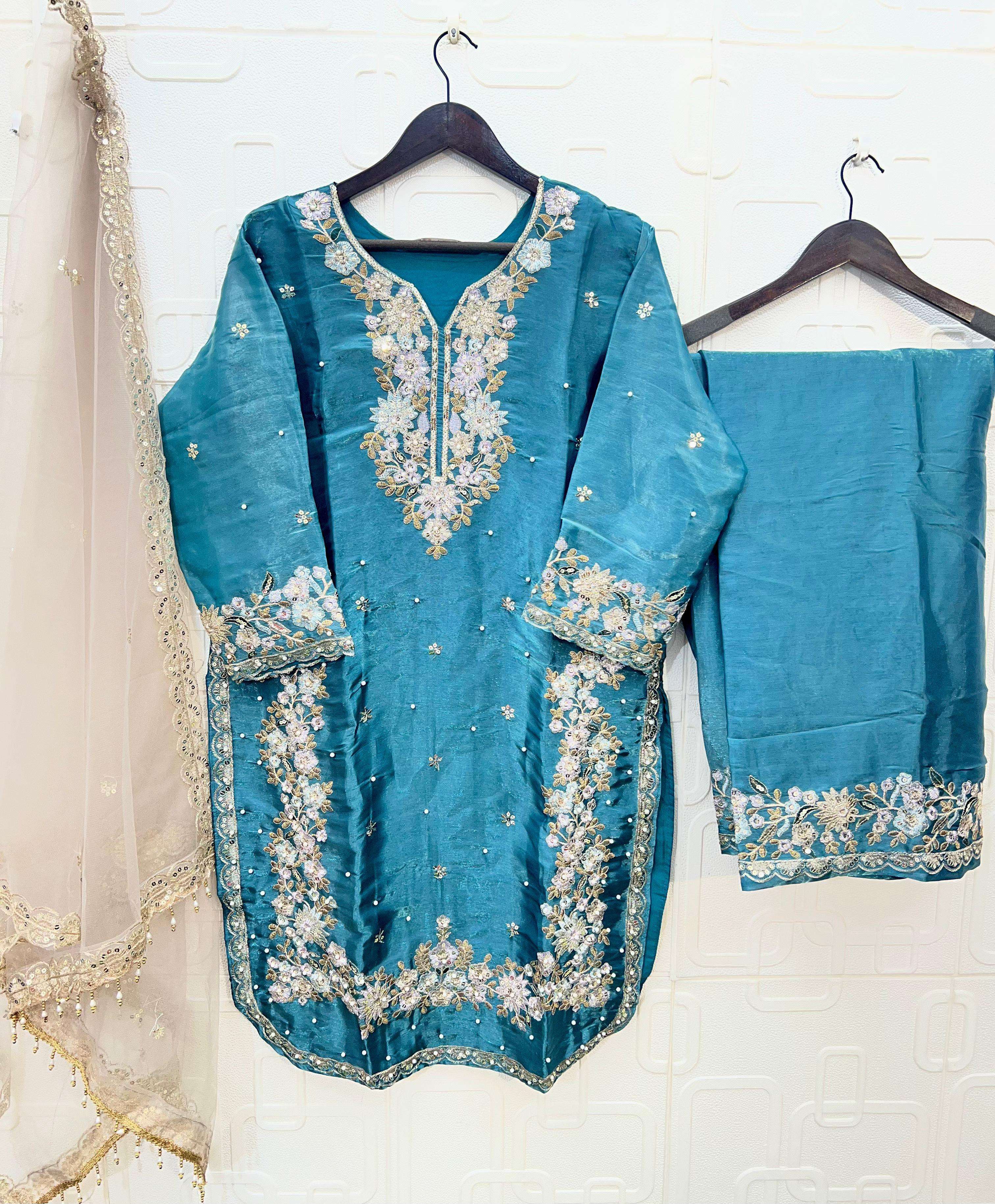 BILQIS B 252  E TO H JIMI CHU SILK HEAVY EMBROIDERD DESIGNER READY MADE PAKISTANI SUIT
