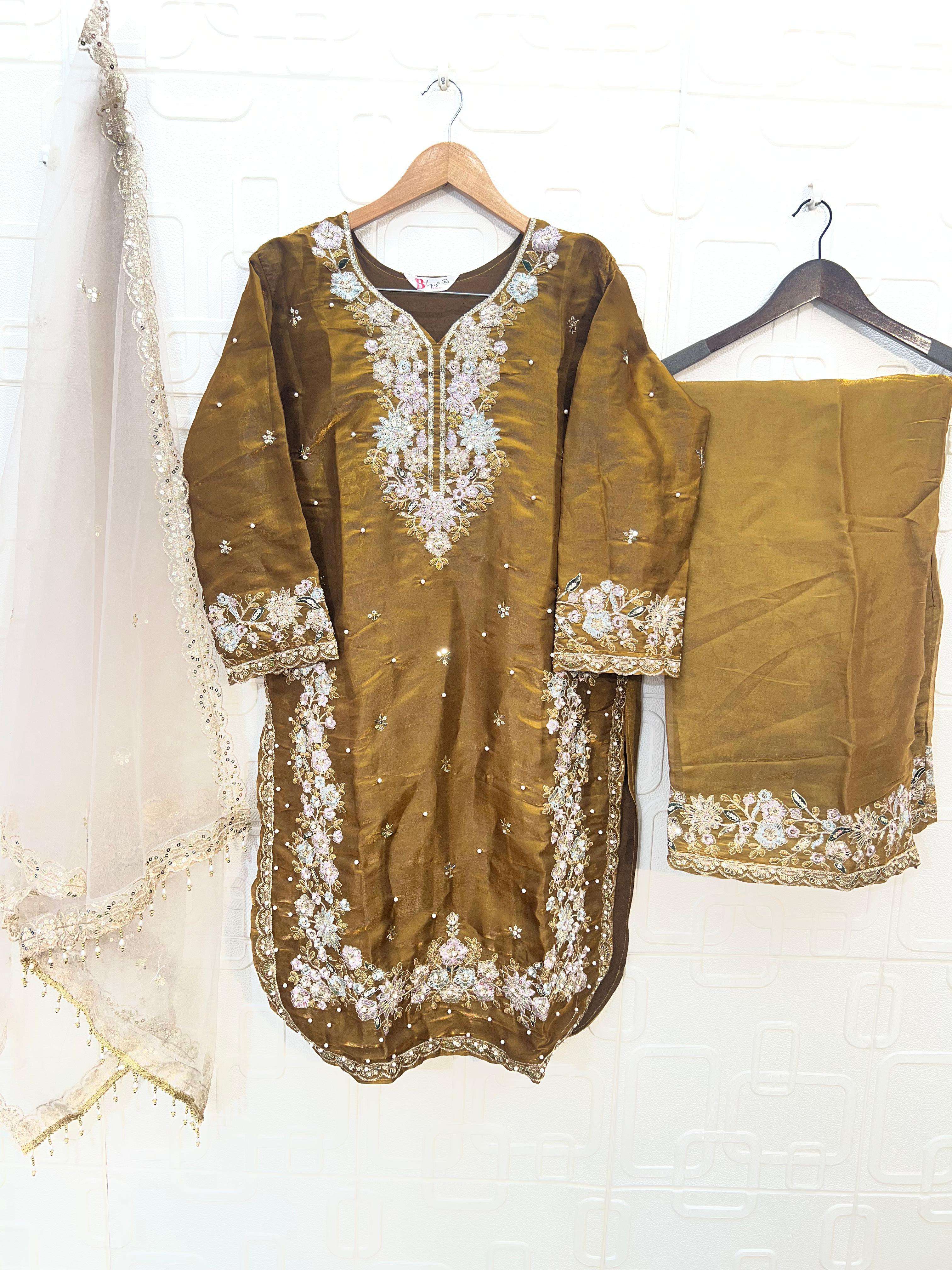 BILQIS B 252  E TO H JIMI CHU SILK HEAVY EMBROIDERD DESIGNER READY MADE PAKISTANI SUIT