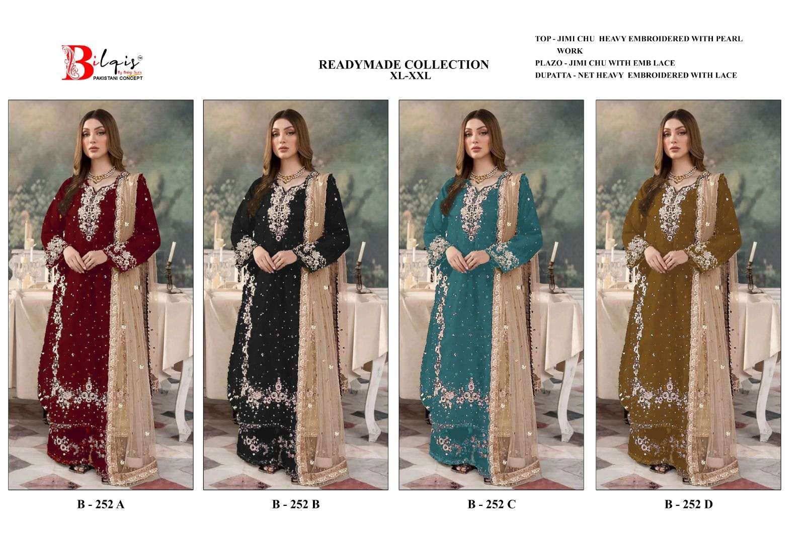 BILQIS B 252  E TO H JIMI CHU SILK HEAVY EMBROIDERD DESIGNER READY MADE PAKISTANI SUIT