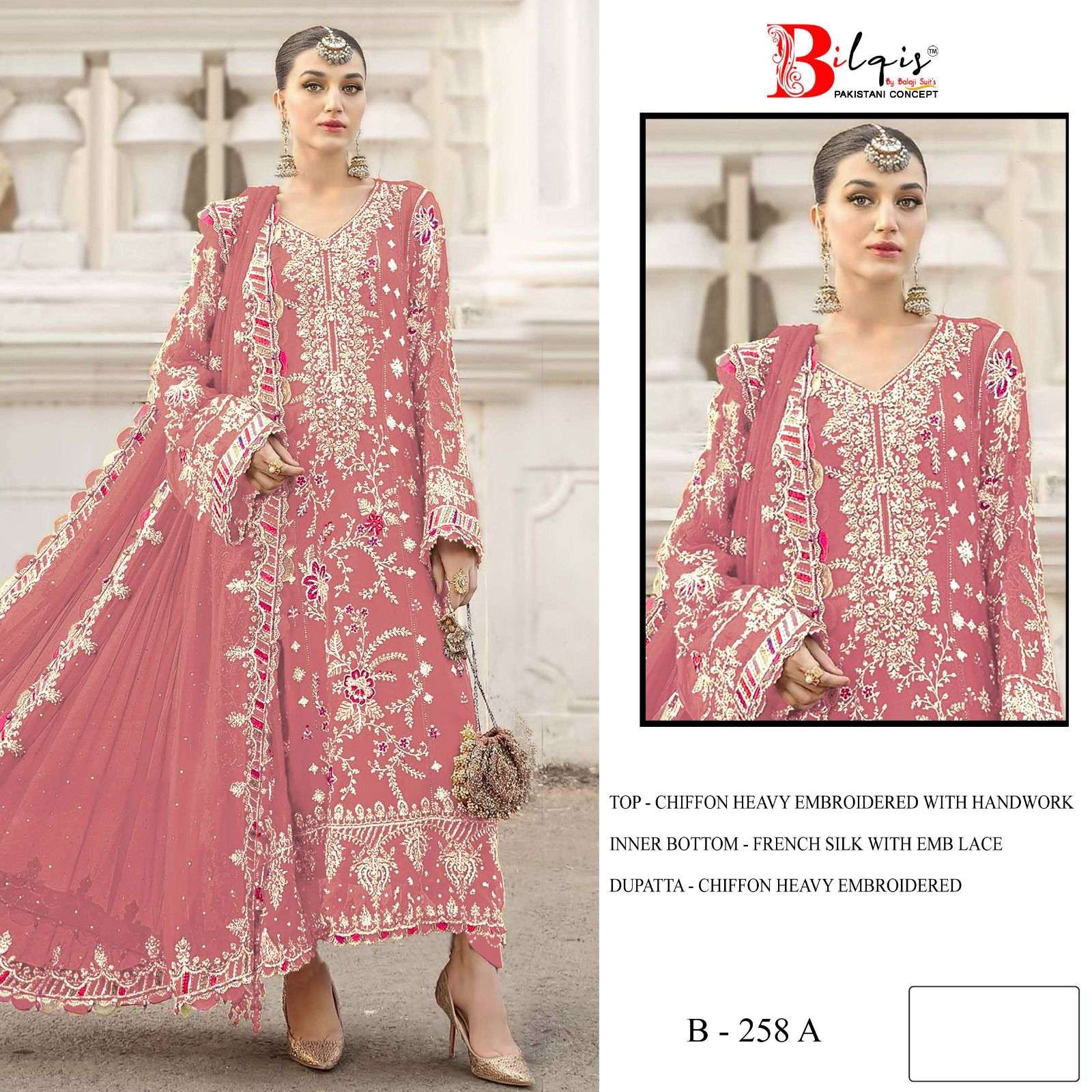 BILQIS B 258 A TO D CHIFFON HEAVY EMBROIDERED DESIGNER WEDDING WEAR PAKISTANI SUIT