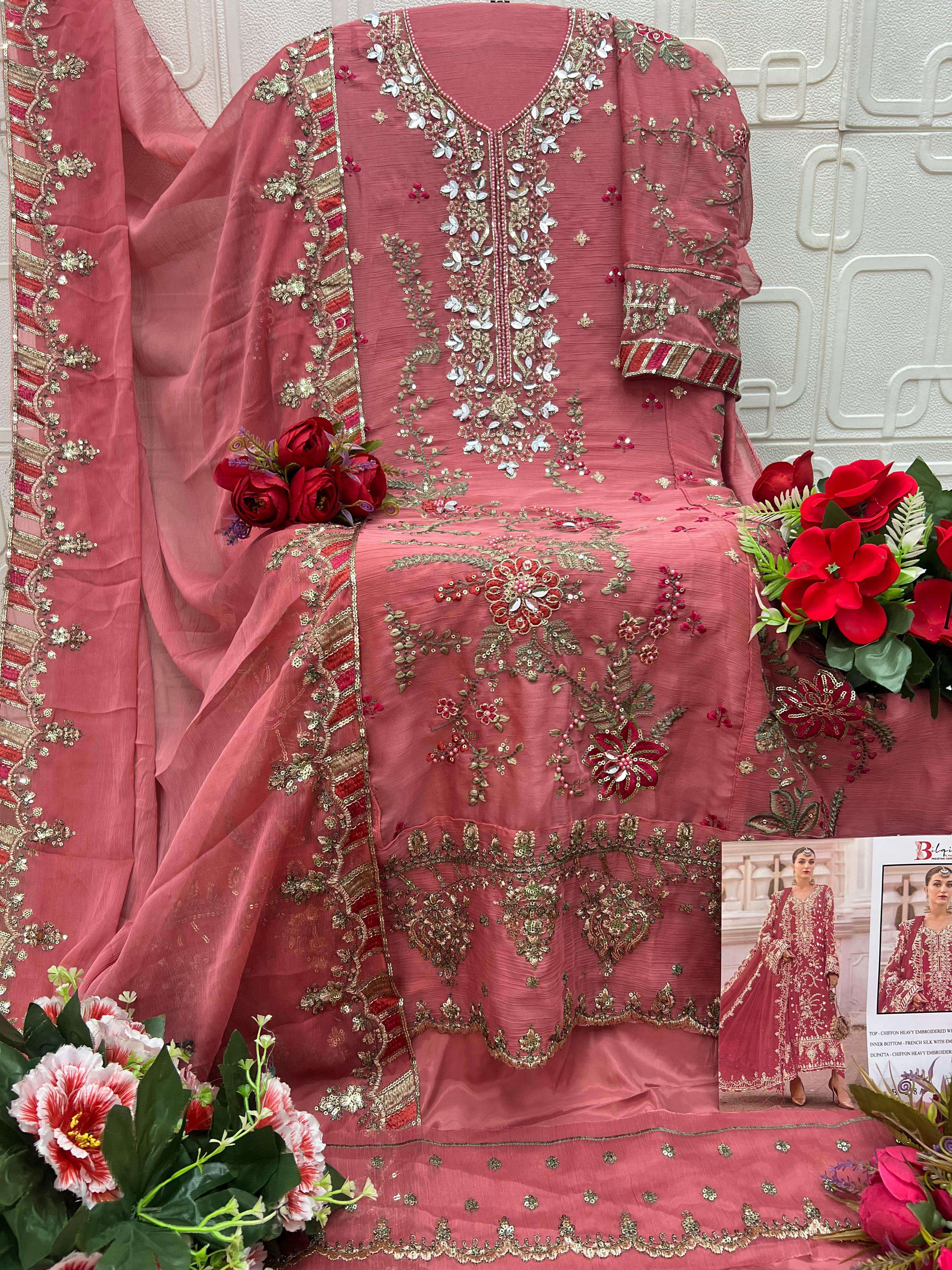 BILQIS B 258 A TO D CHIFFON HEAVY EMBROIDERED DESIGNER WEDDING WEAR PAKISTANI SUIT