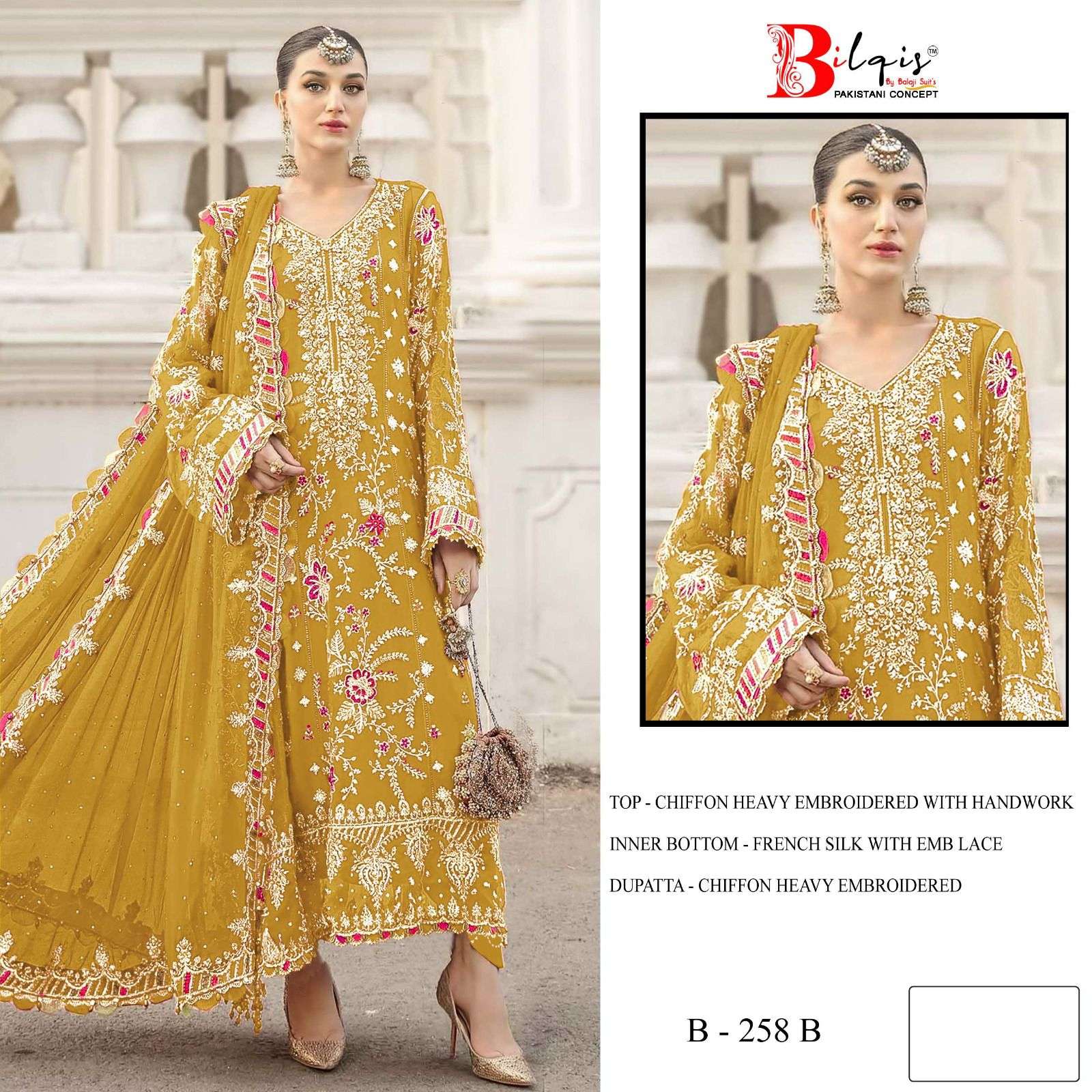BILQIS B 258 A TO D CHIFFON HEAVY EMBROIDERED DESIGNER WEDDING WEAR PAKISTANI SUIT