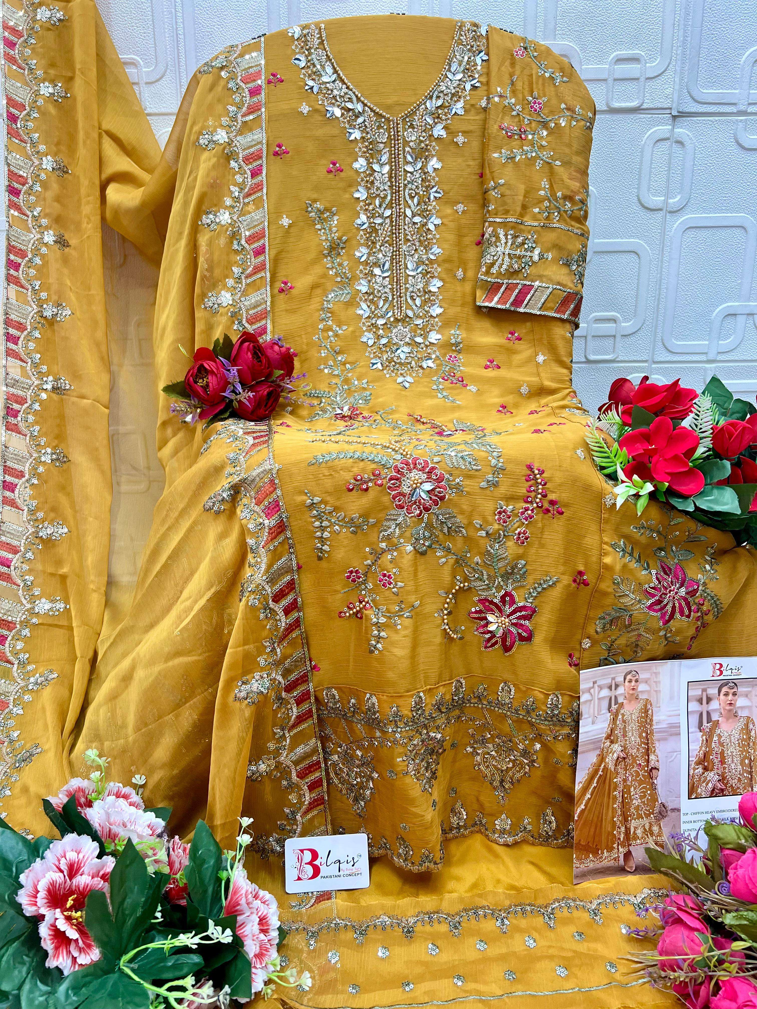 BILQIS B 258 A TO D CHIFFON HEAVY EMBROIDERED DESIGNER WEDDING WEAR PAKISTANI SUIT