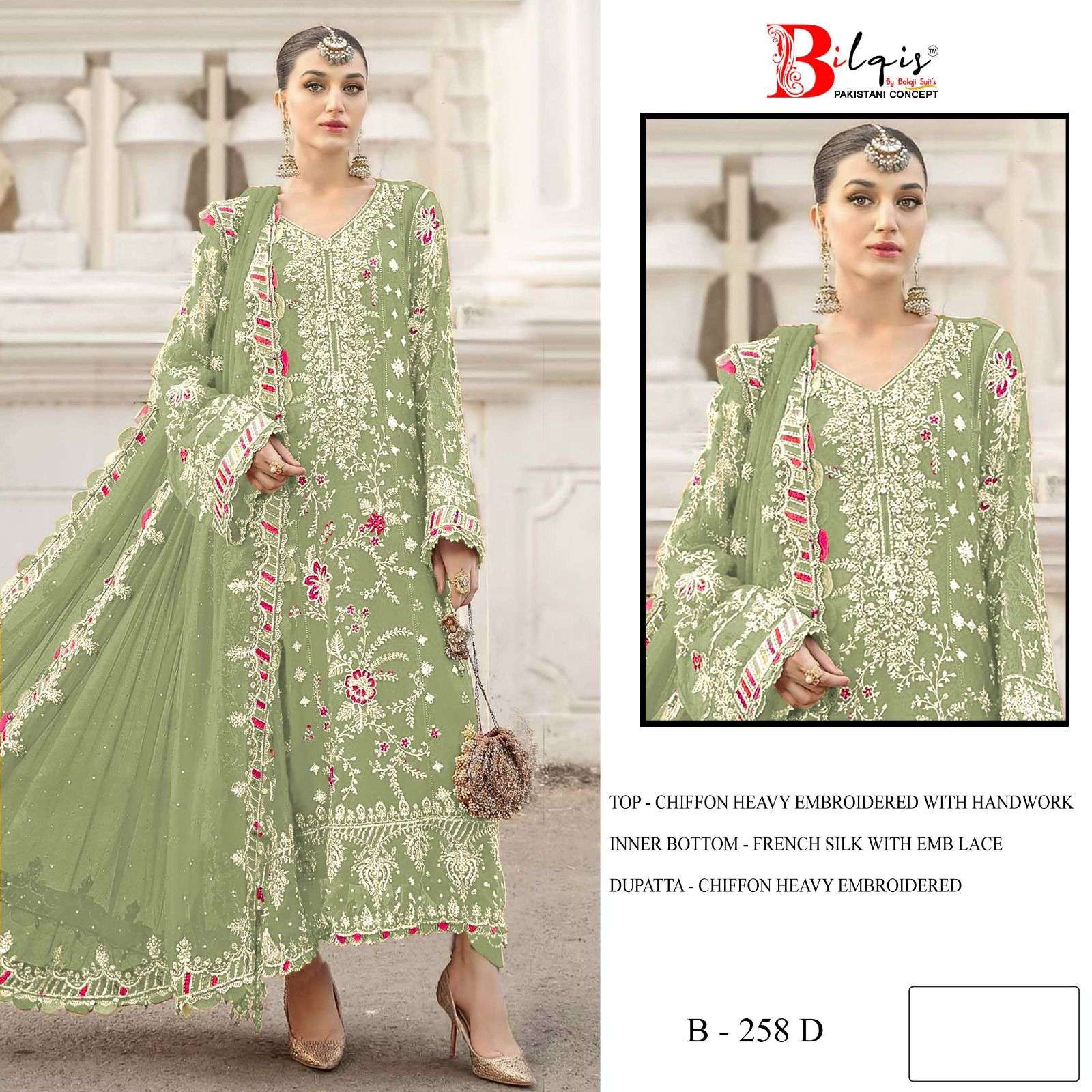 BILQIS B 258 A TO D CHIFFON HEAVY EMBROIDERED DESIGNER WEDDING WEAR PAKISTANI SUIT