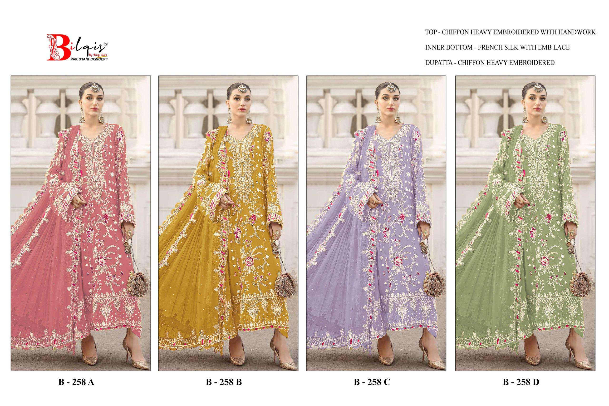 BILQIS B 258 A TO D CHIFFON HEAVY EMBROIDERED DESIGNER WEDDING WEAR PAKISTANI SUIT