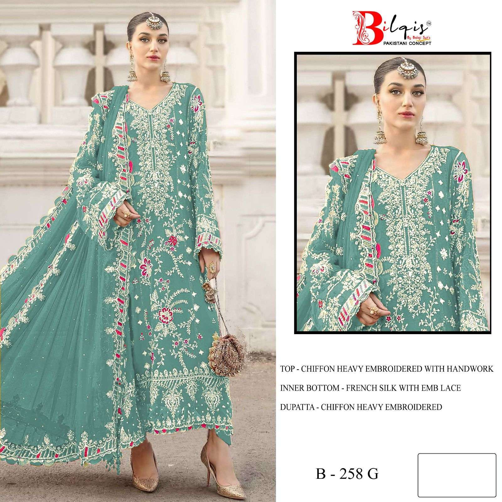 BILQIS B 258 E TO H CHIFFON HEAVY EMBROIDERED DESIGNER PAKISTANI SUIT