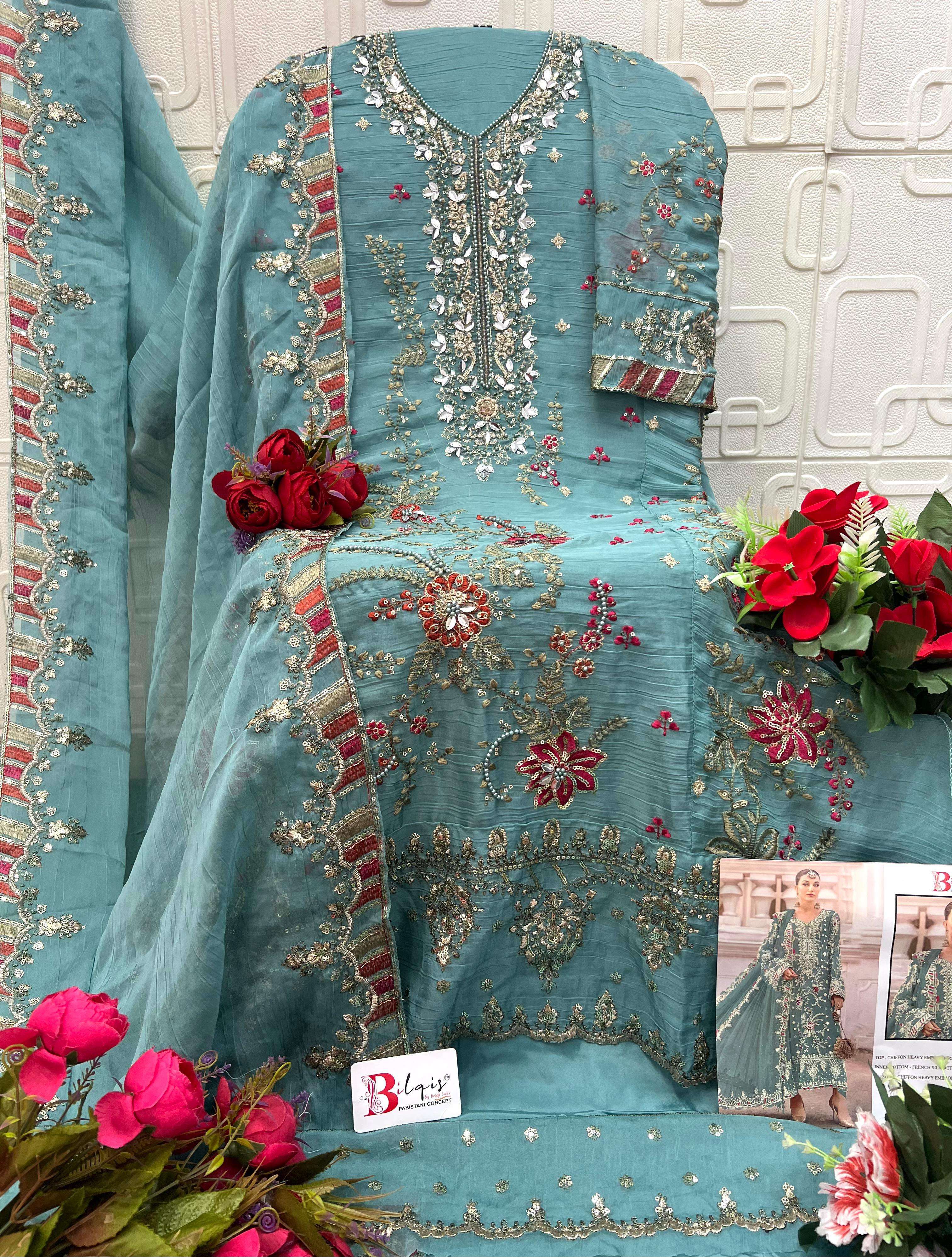 BILQIS B 258 E TO H CHIFFON HEAVY EMBROIDERED DESIGNER PAKISTANI SUIT