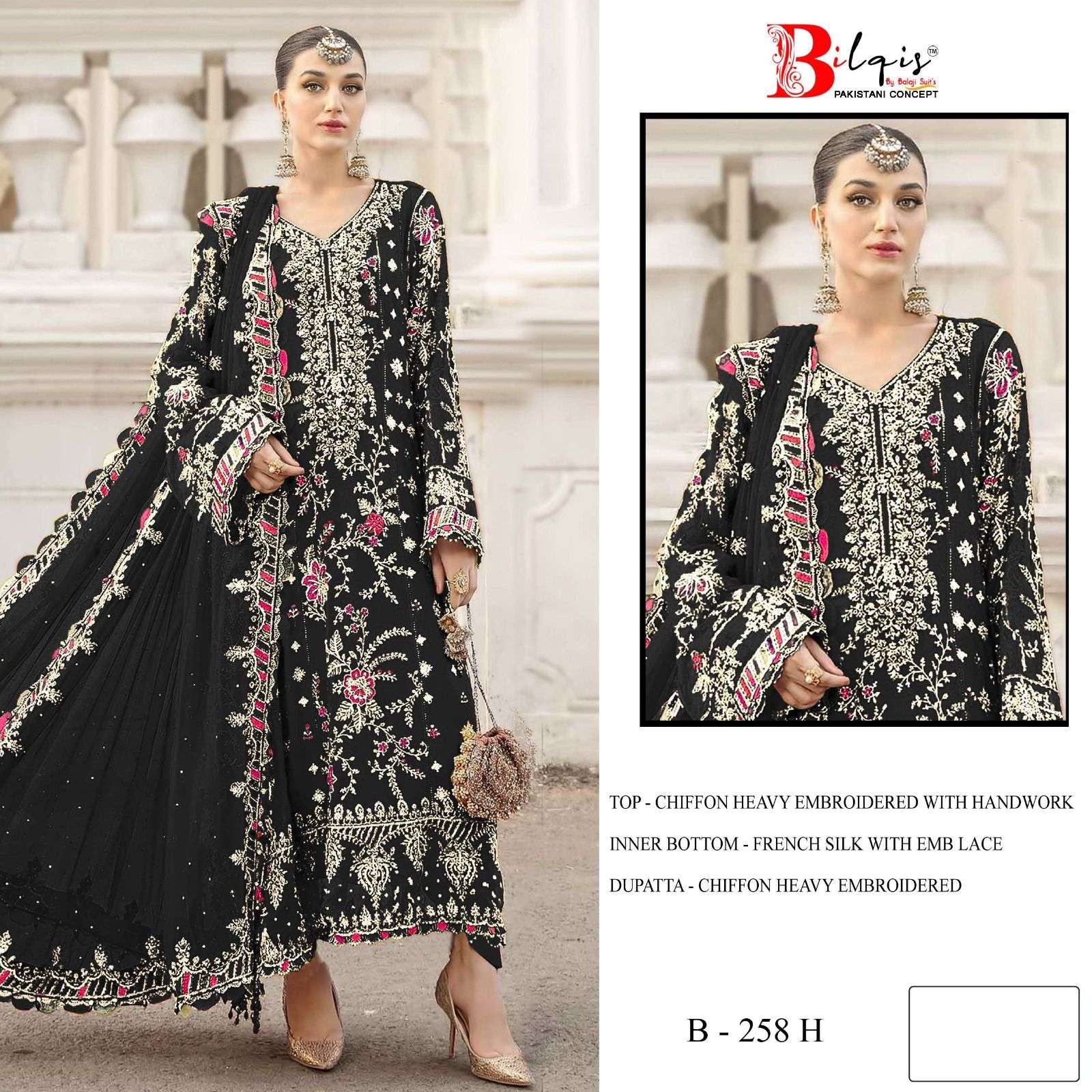 BILQIS B 258 E TO H CHIFFON HEAVY EMBROIDERED DESIGNER PAKISTANI SUIT