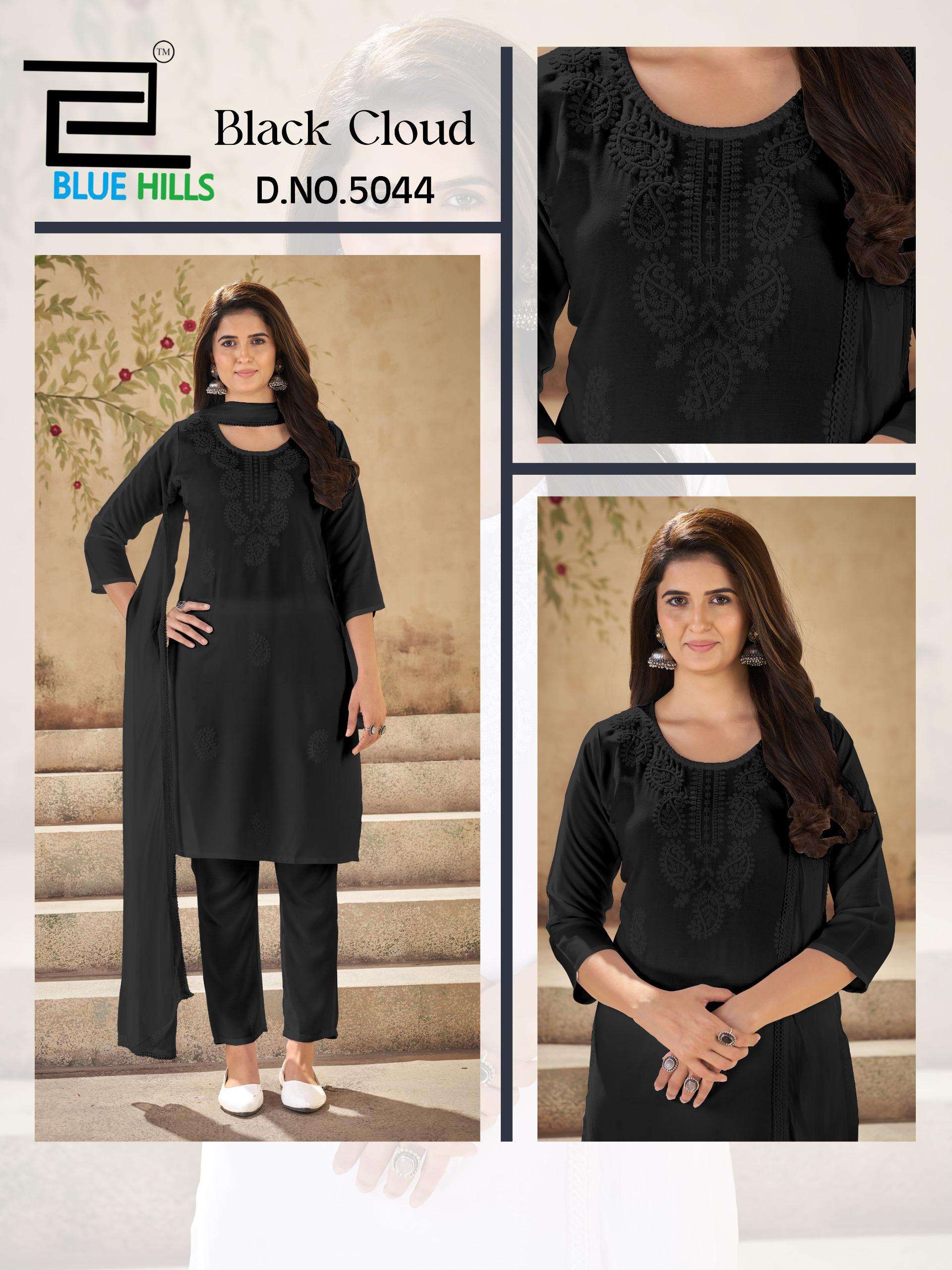 BLUE HILLS BLACK CLOUD RAYON FANCY LUCKNOWI WORKS LADIES 3PIECE SET COLLECTION 