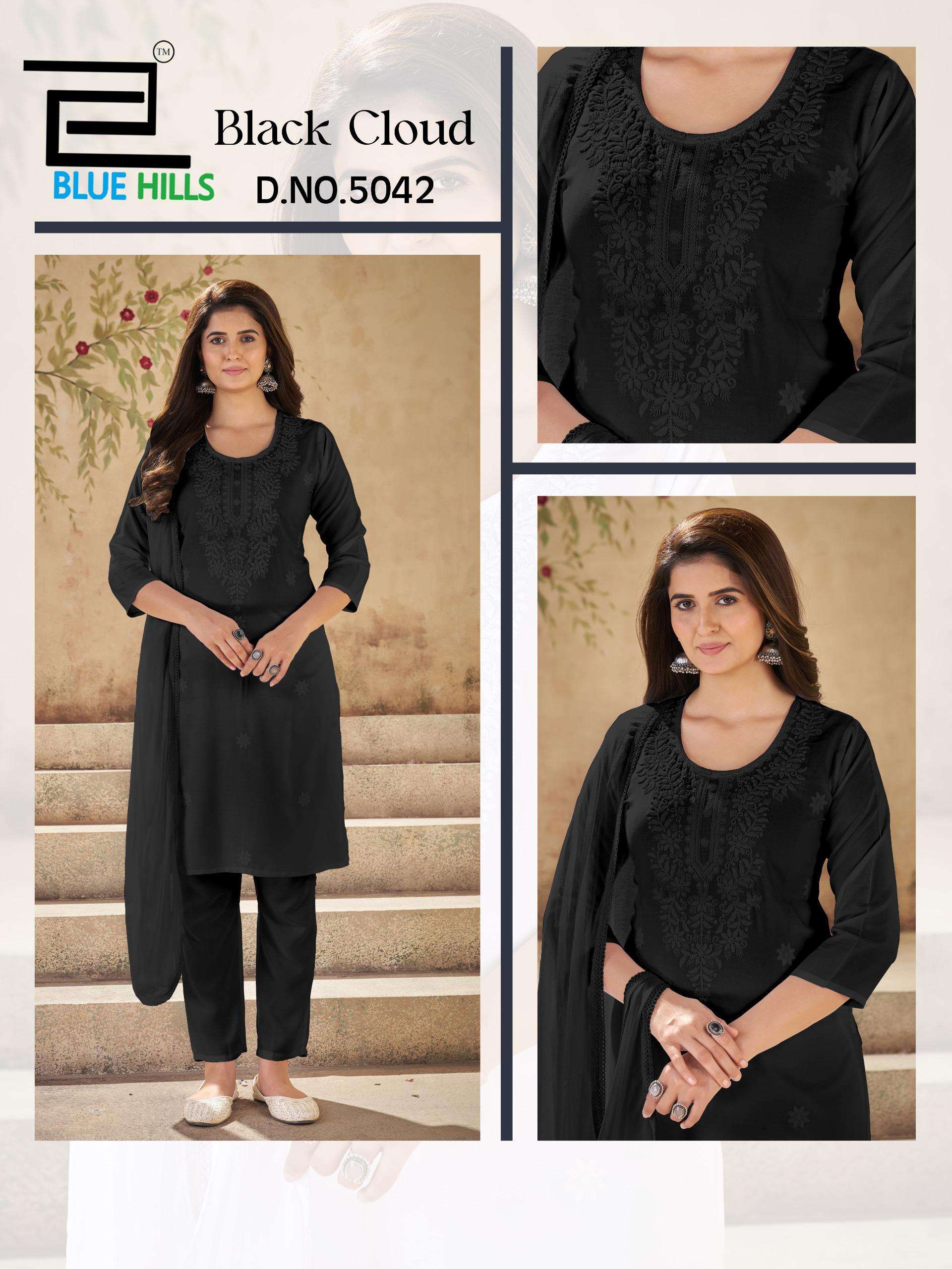 BLUE HILLS BLACK CLOUD RAYON FANCY LUCKNOWI WORKS LADIES 3PIECE SET COLLECTION 