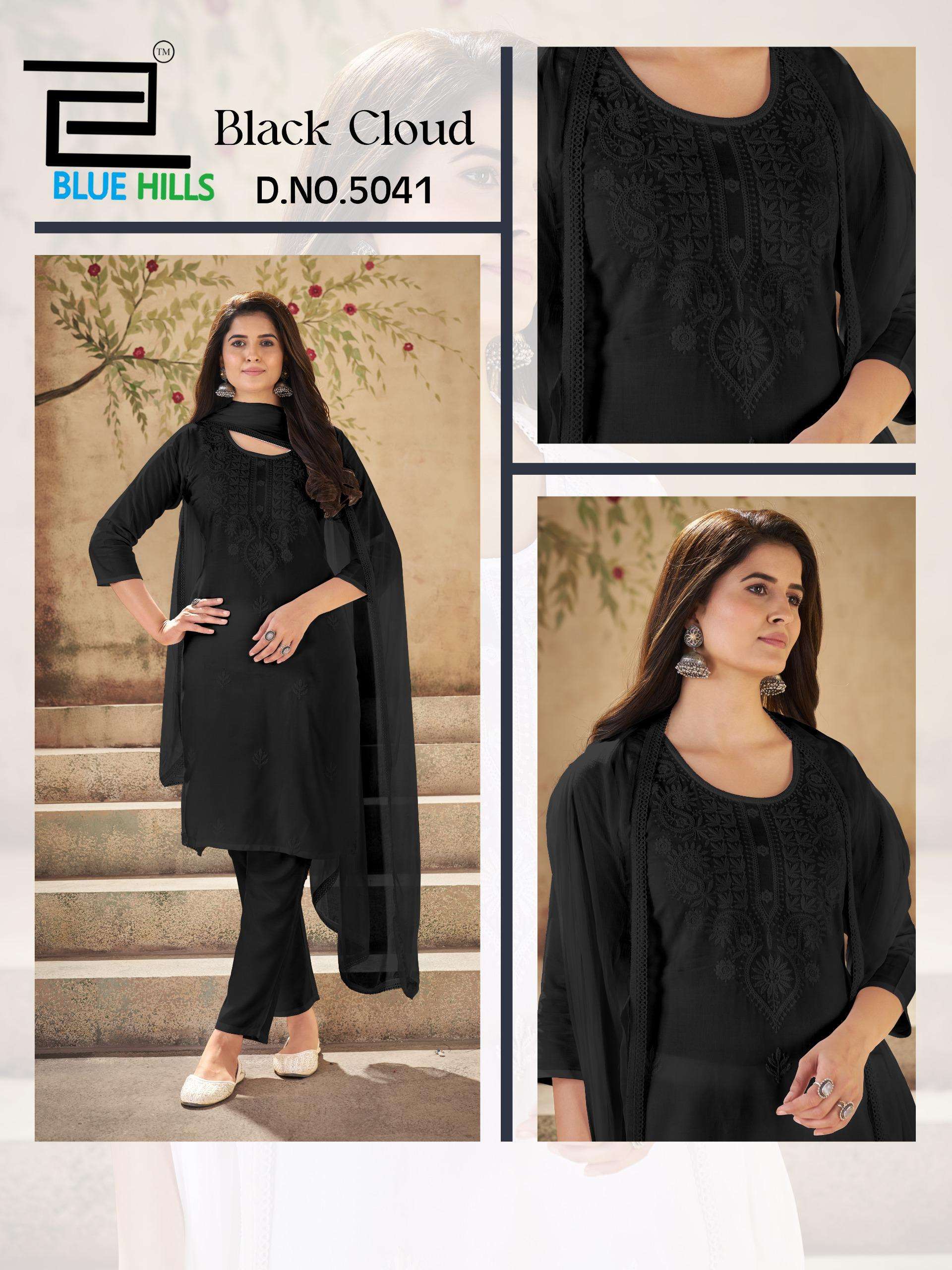 BLUE HILLS BLACK CLOUD RAYON FANCY LUCKNOWI WORKS LADIES 3PIECE SET COLLECTION 