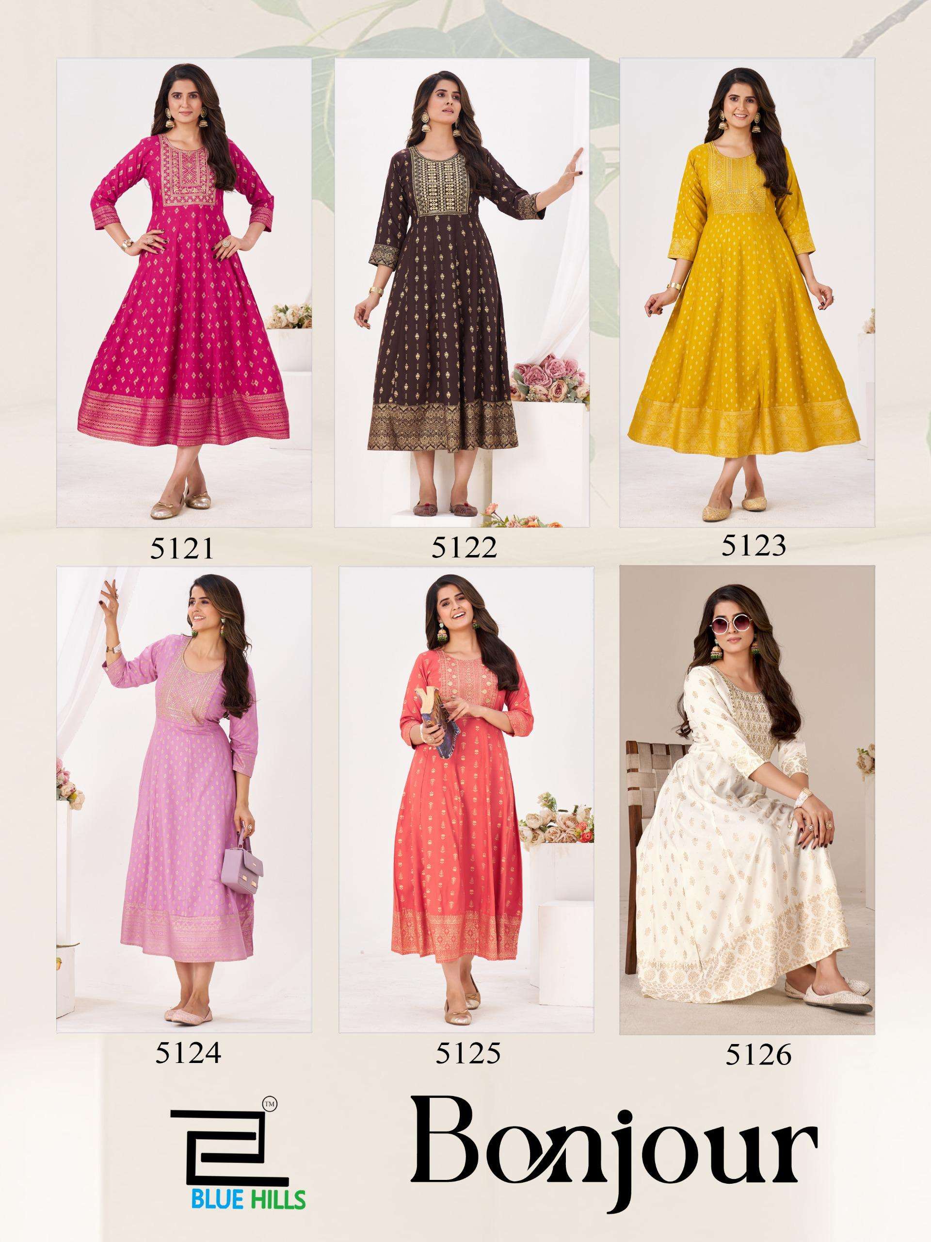 BLUE HILLS BONJOUR RAYON FOIL PRINT ANARKALI STYLE LADIES KURTI 