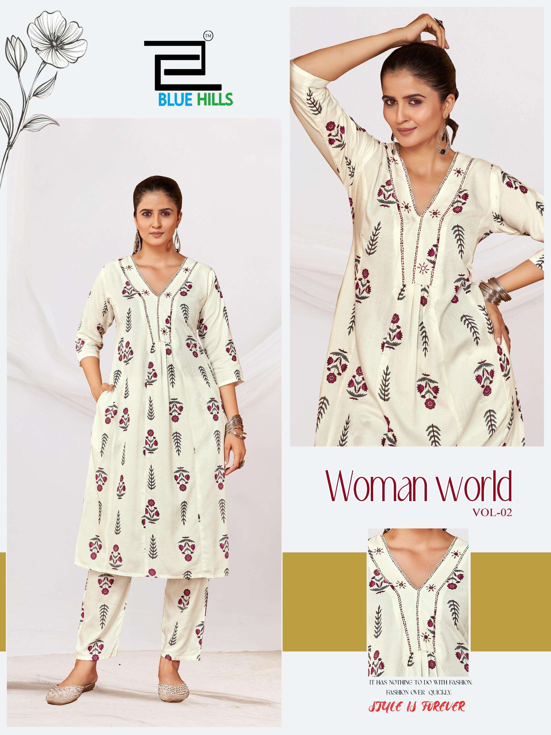 BLUE HILLS WOMAN WORLD VOL 2 RAYON PRINT PRINCESS CUT STYLE KURTI WITH BOTTOM PAIR 