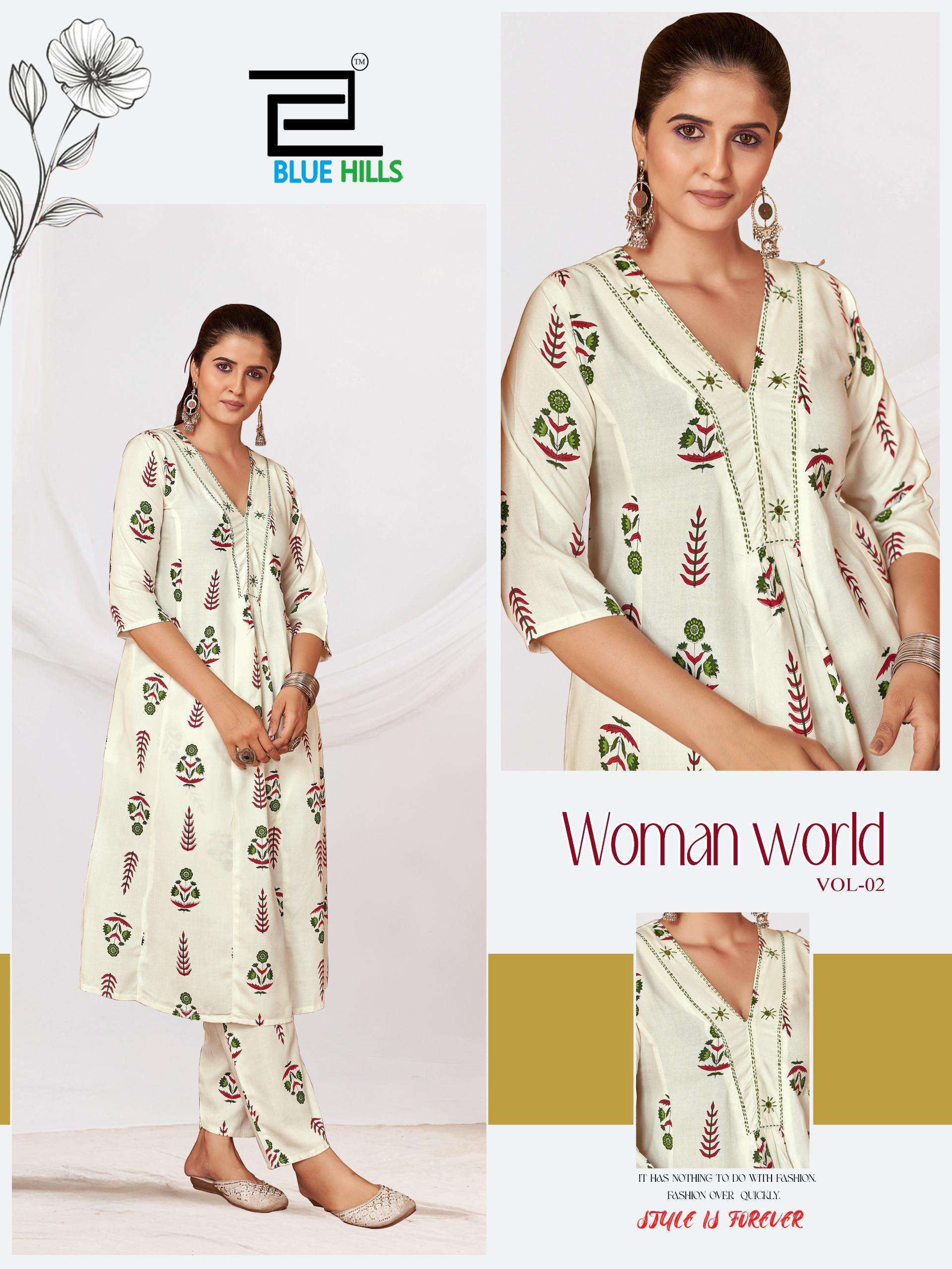 BLUE HILLS WOMAN WORLD VOL 2 RAYON PRINT PRINCESS CUT STYLE KURTI WITH BOTTOM PAIR 