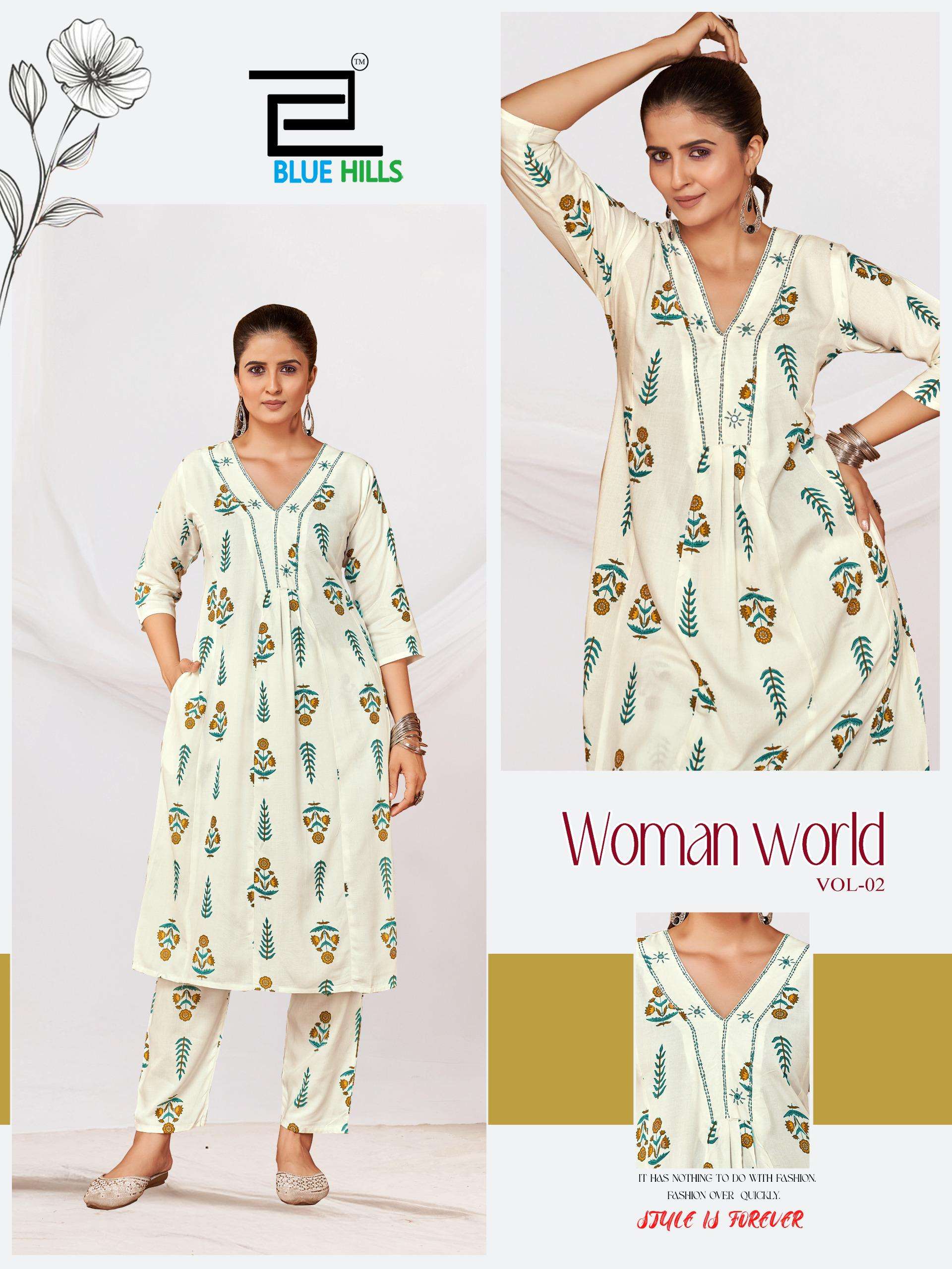 BLUE HILLS WOMAN WORLD VOL 2 RAYON PRINT PRINCESS CUT STYLE KURTI WITH BOTTOM PAIR 