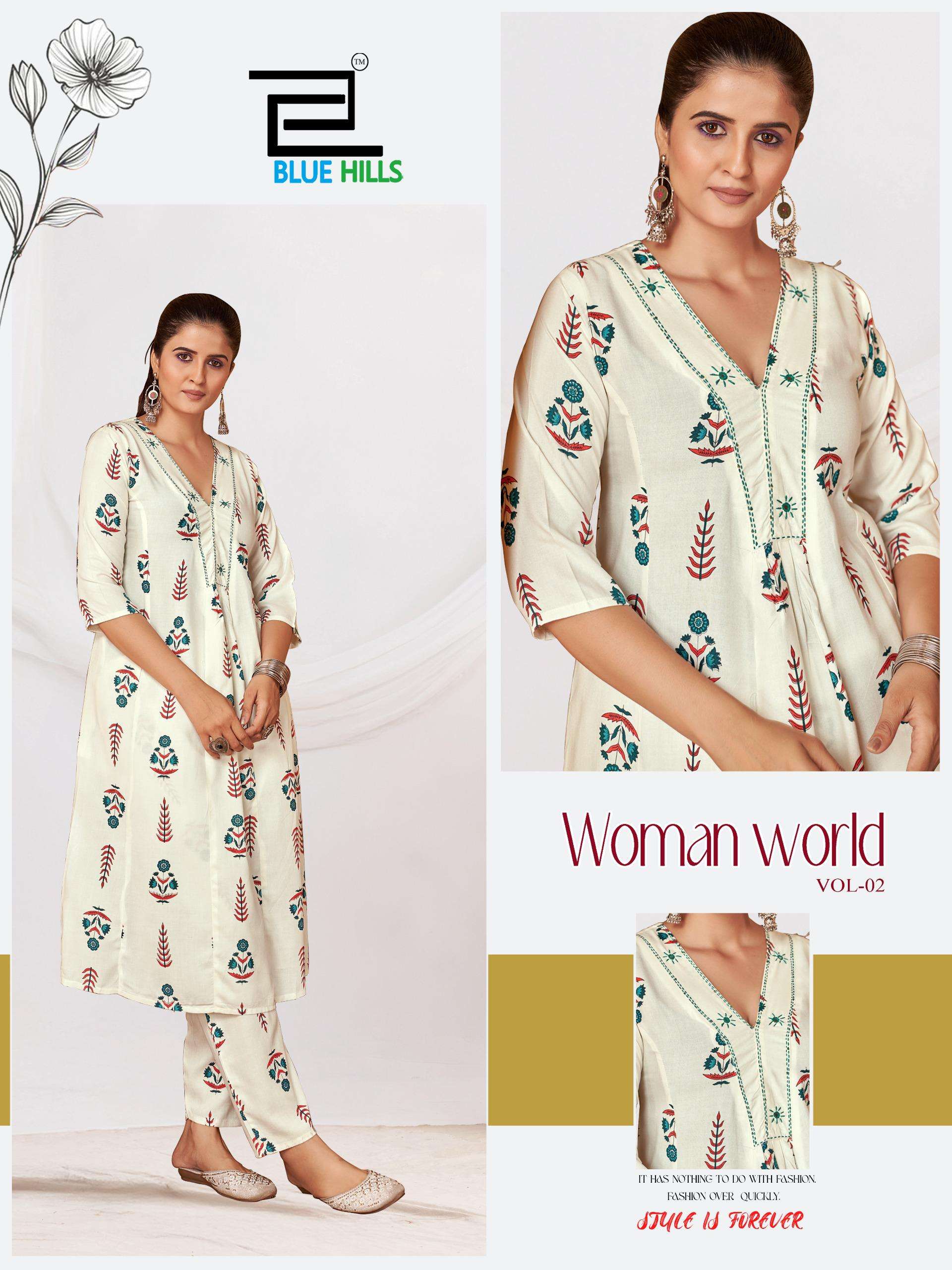 BLUE HILLS WOMAN WORLD VOL 2 RAYON PRINT PRINCESS CUT STYLE KURTI WITH BOTTOM PAIR 