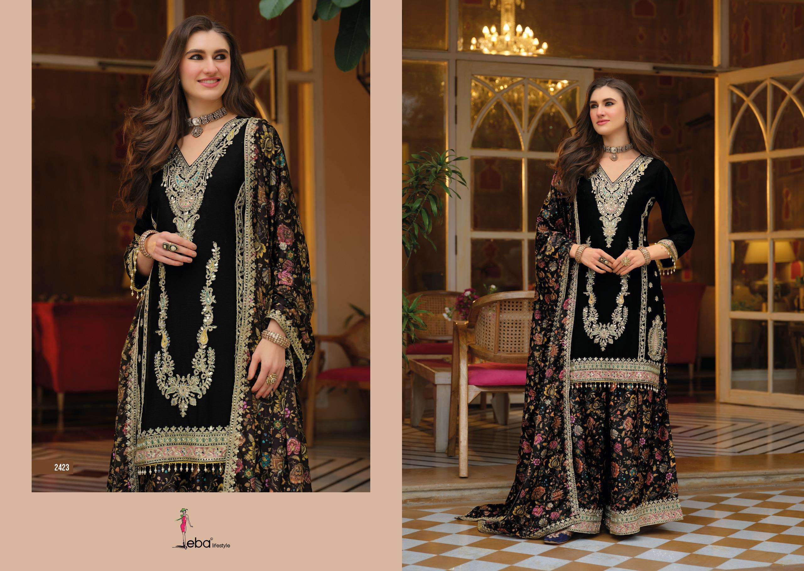EBA LIFESTYLLE RANG BLACK AND WHITE CHINON HEAVY EMBROIDERY DESIGNER WEDDING WEAR READY MADE LADIES SUIT