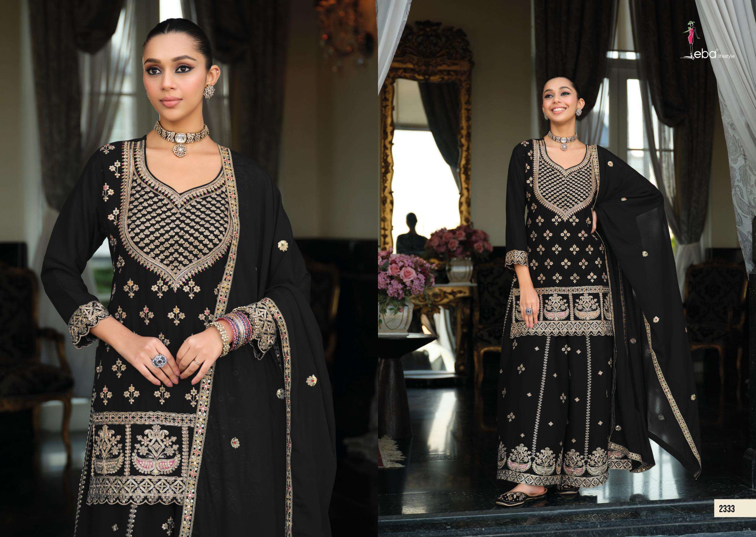 EBA LIFESTYLLE RANGOLI BLACK AND WHITE CHINON HEAVY EMBROIDERY DESIGNER WEDDING WEAR READY MADE LADIES SUIT