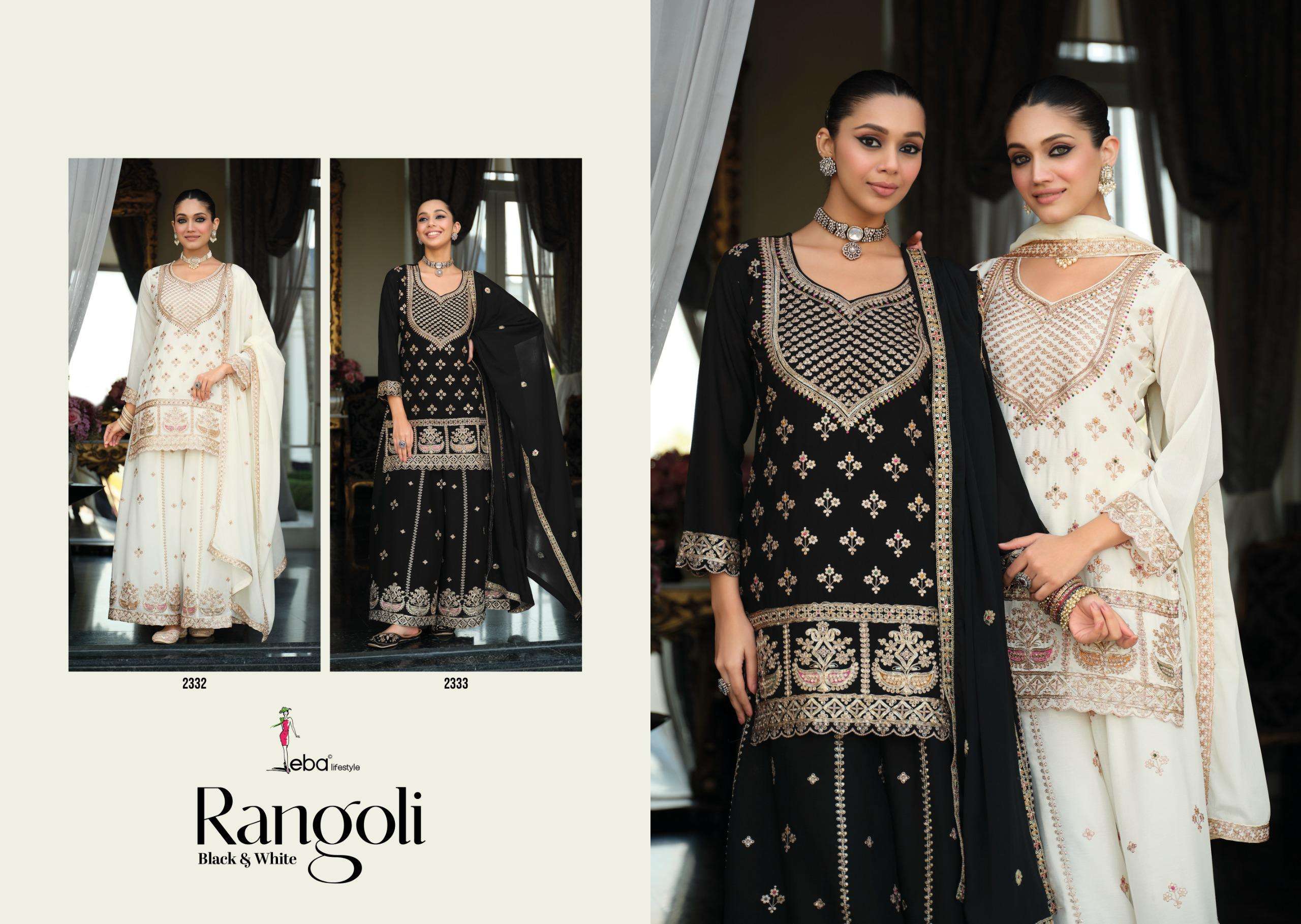 EBA LIFESTYLLE RANGOLI BLACK AND WHITE CHINON HEAVY EMBROIDERY DESIGNER WEDDING WEAR READY MADE LADIES SUIT