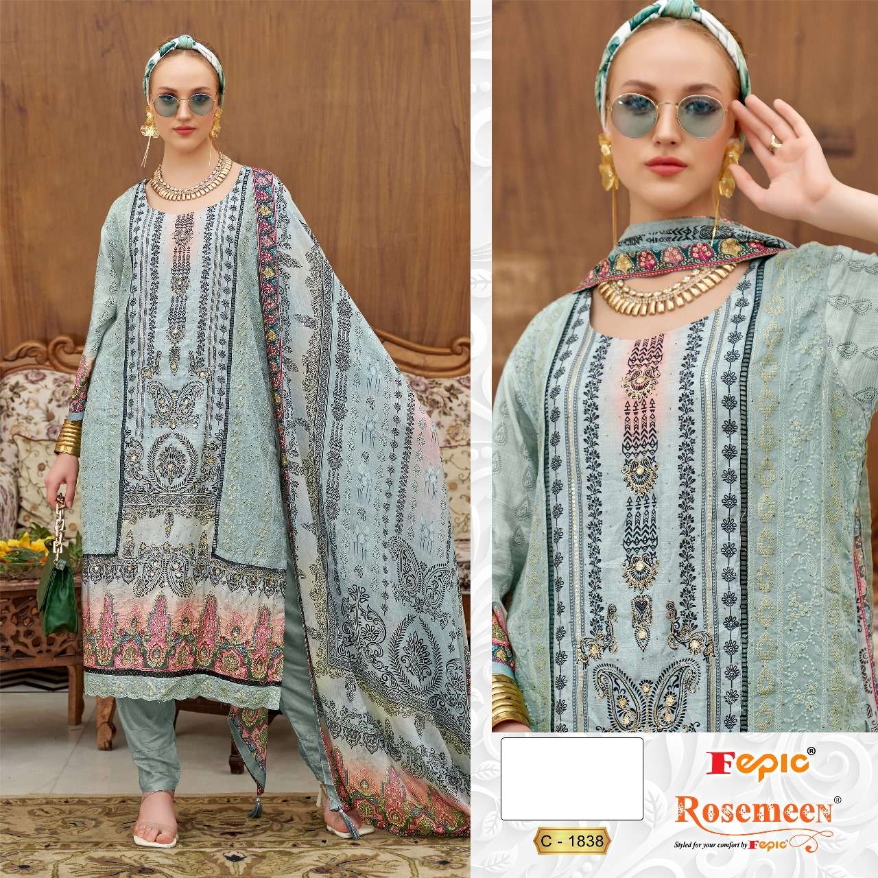 FEPIC ROSEMEEN MAN 1838 MUSLIN HAND EMBROIDERED DESIGNER WORK PAKISTANI SUIT